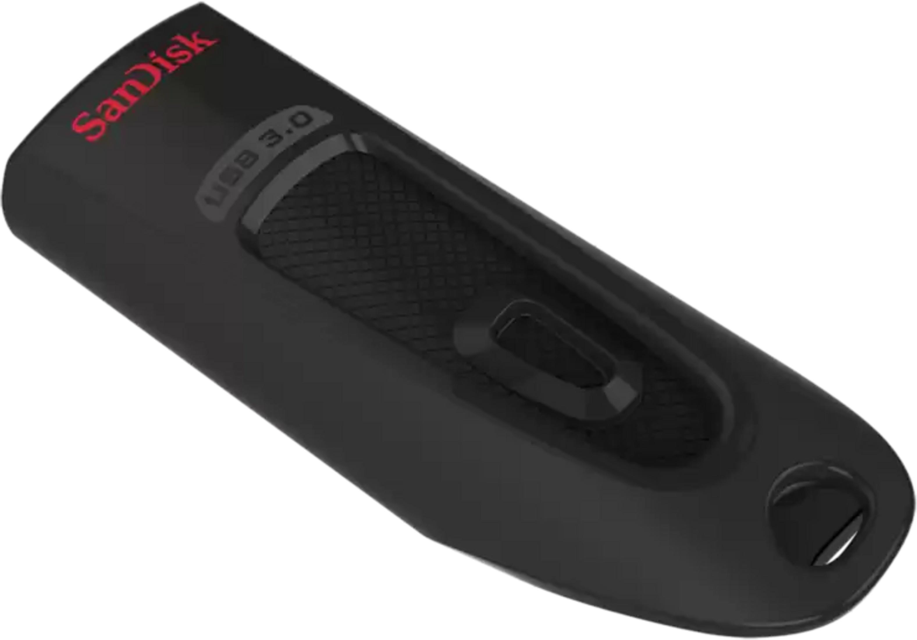 Black SanDisk USB 3.0 flash drive with textured grip and loop.