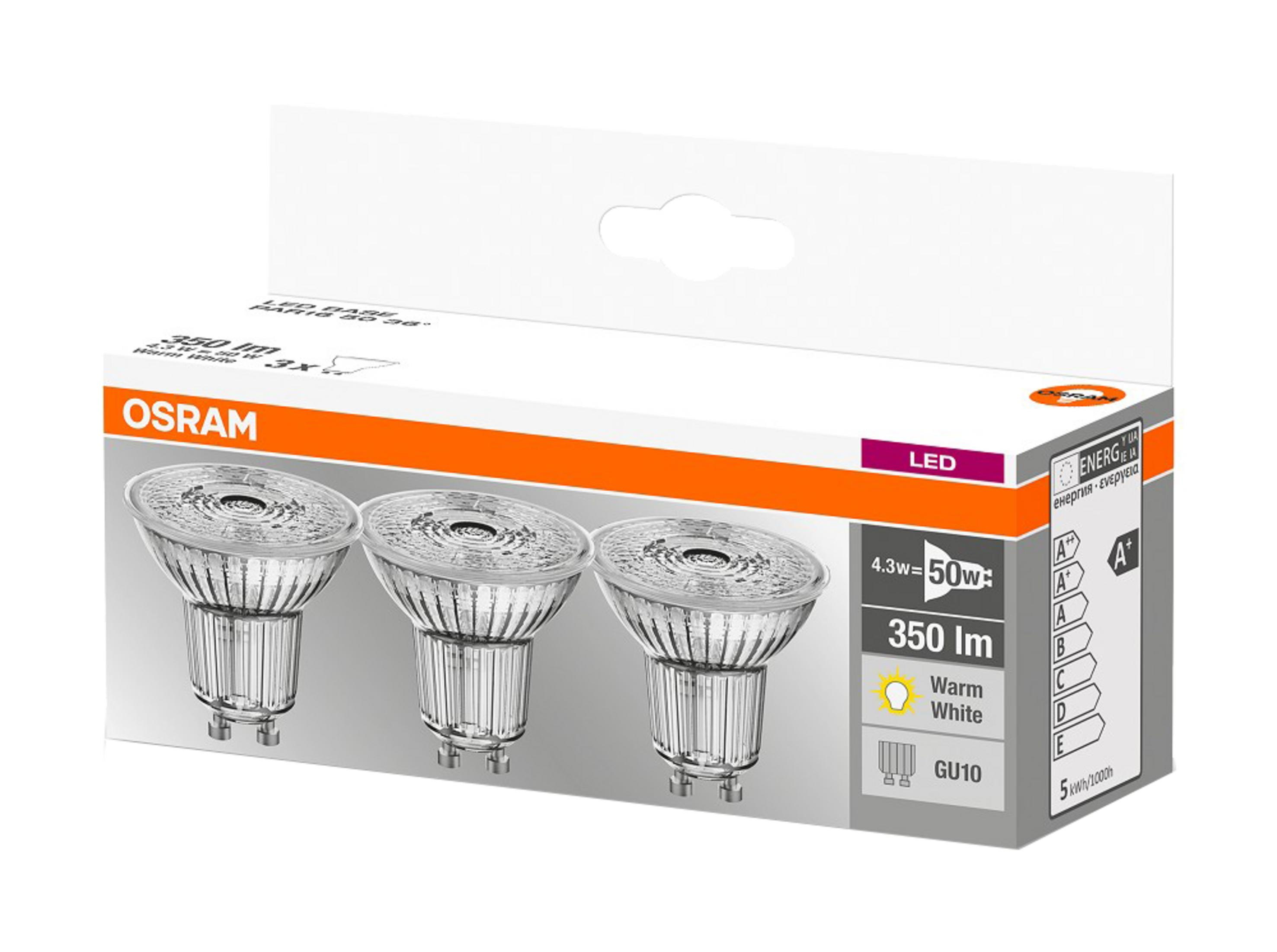 Packung mit drei OSRAM GU10 LED-Lampen, 4,3W, 350lm, Warmweiß.