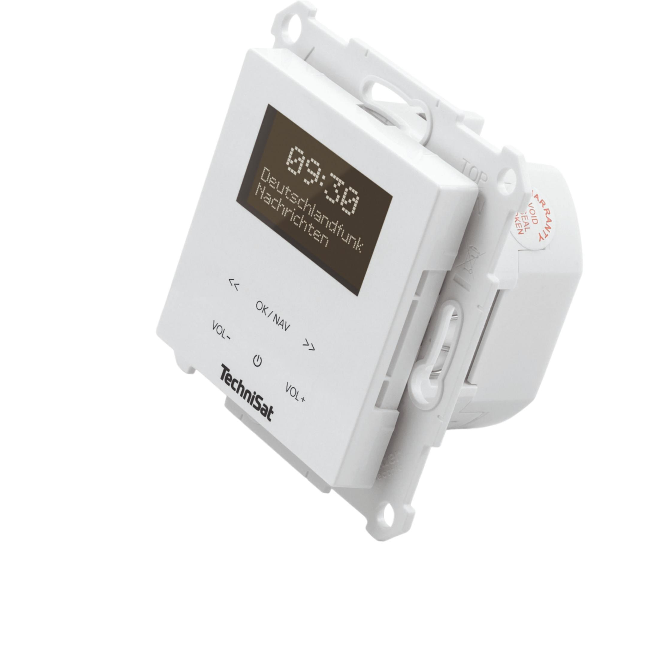 Białe urządzenie TechniSat z wyświetlaczem pokazuje 09:30 i wiadomości.