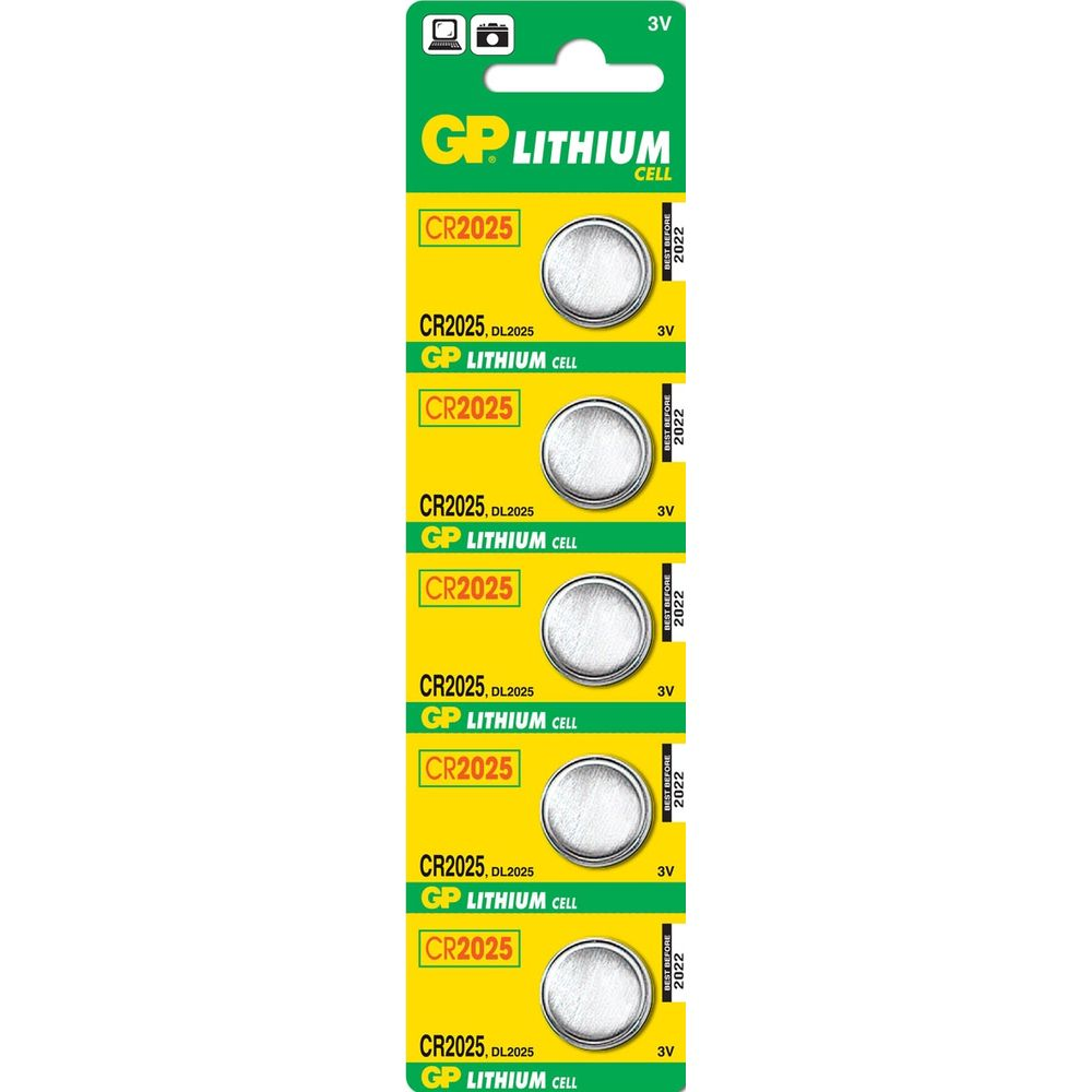Confezione con cinque batterie al litio CR2025, 3V. Confezionate singolarmente.