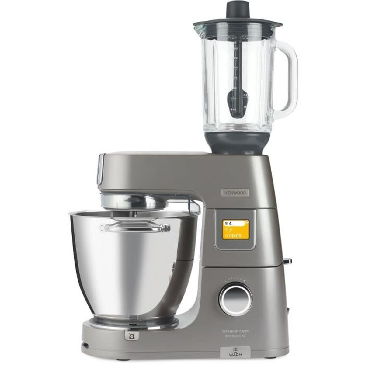 Grauer Kenwood Küchenmaschinen-Mixer mit Glasbehälter und digitalem Display.