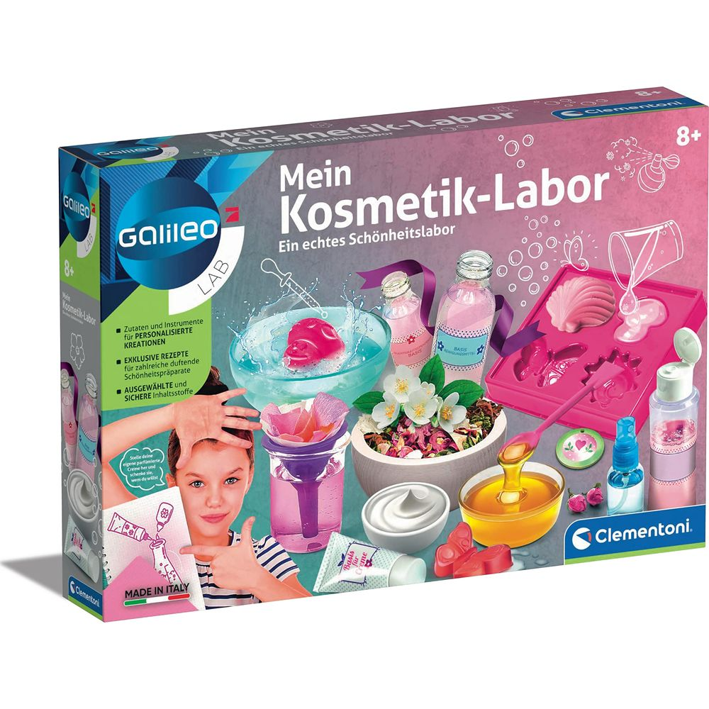 Kosmetik-Labor Bausatz: Mädchen mischt Zutaten mit Blumen, Honig und Cremes.