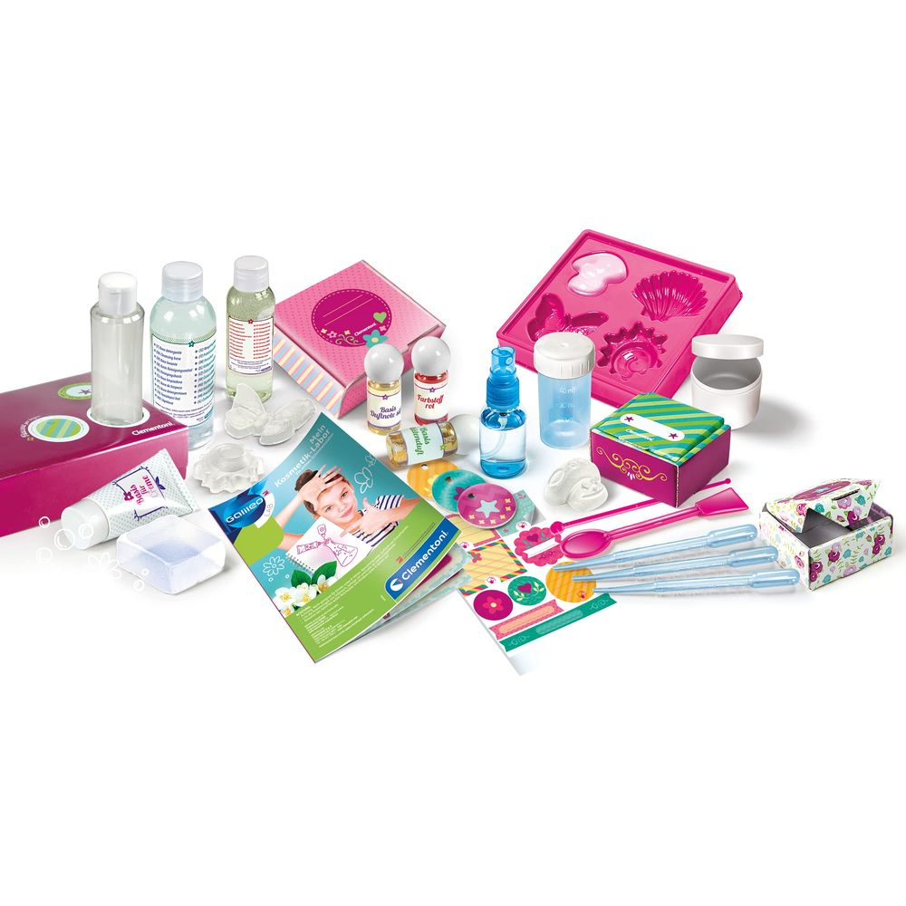 Ein Kosmetik-Labor-Set mit Flaschen, Formen, Pipetten und Anleitungen.
