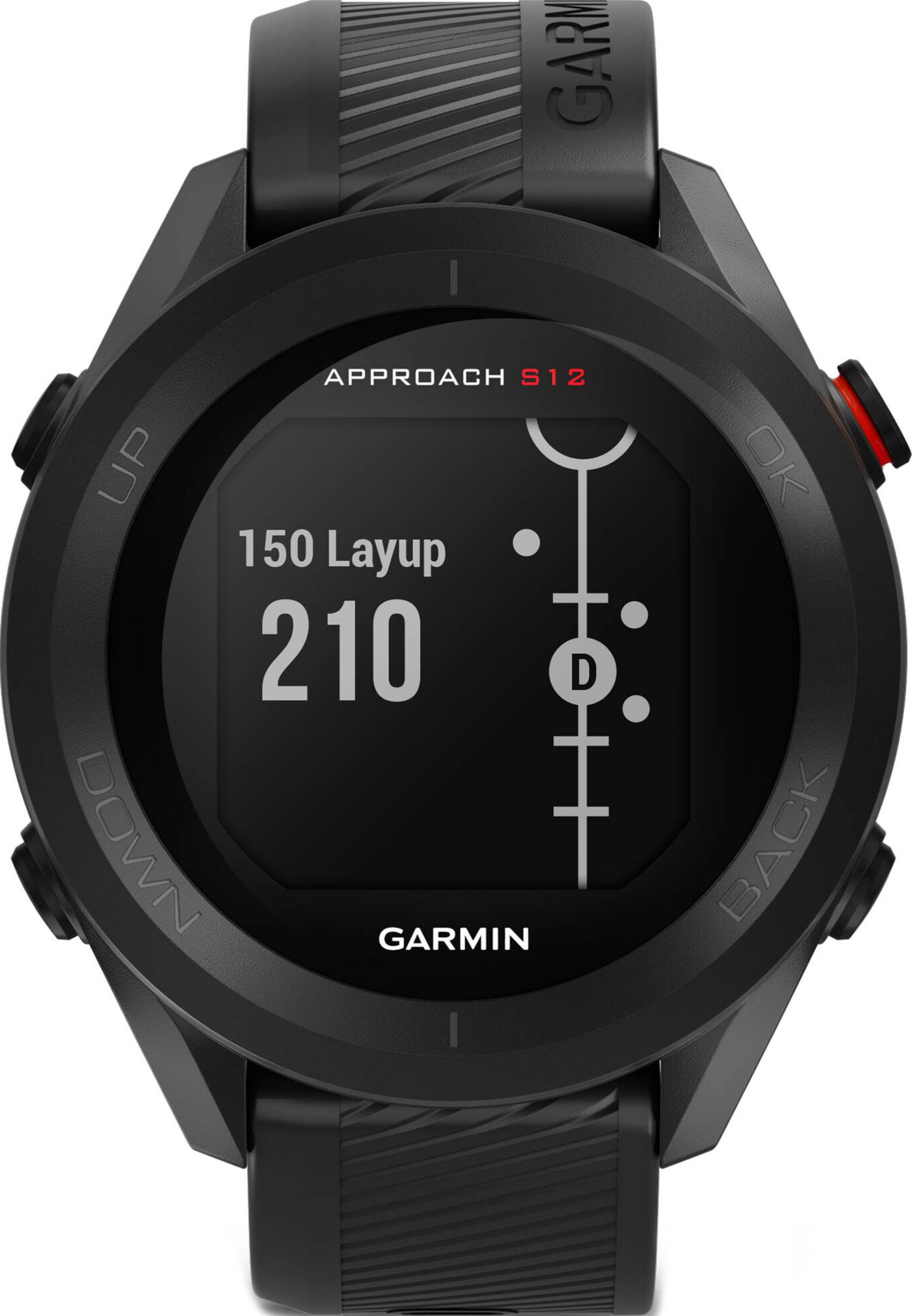 Czarny smartwatch Garmin Approach S12 z wyświetlaczem golfowym.