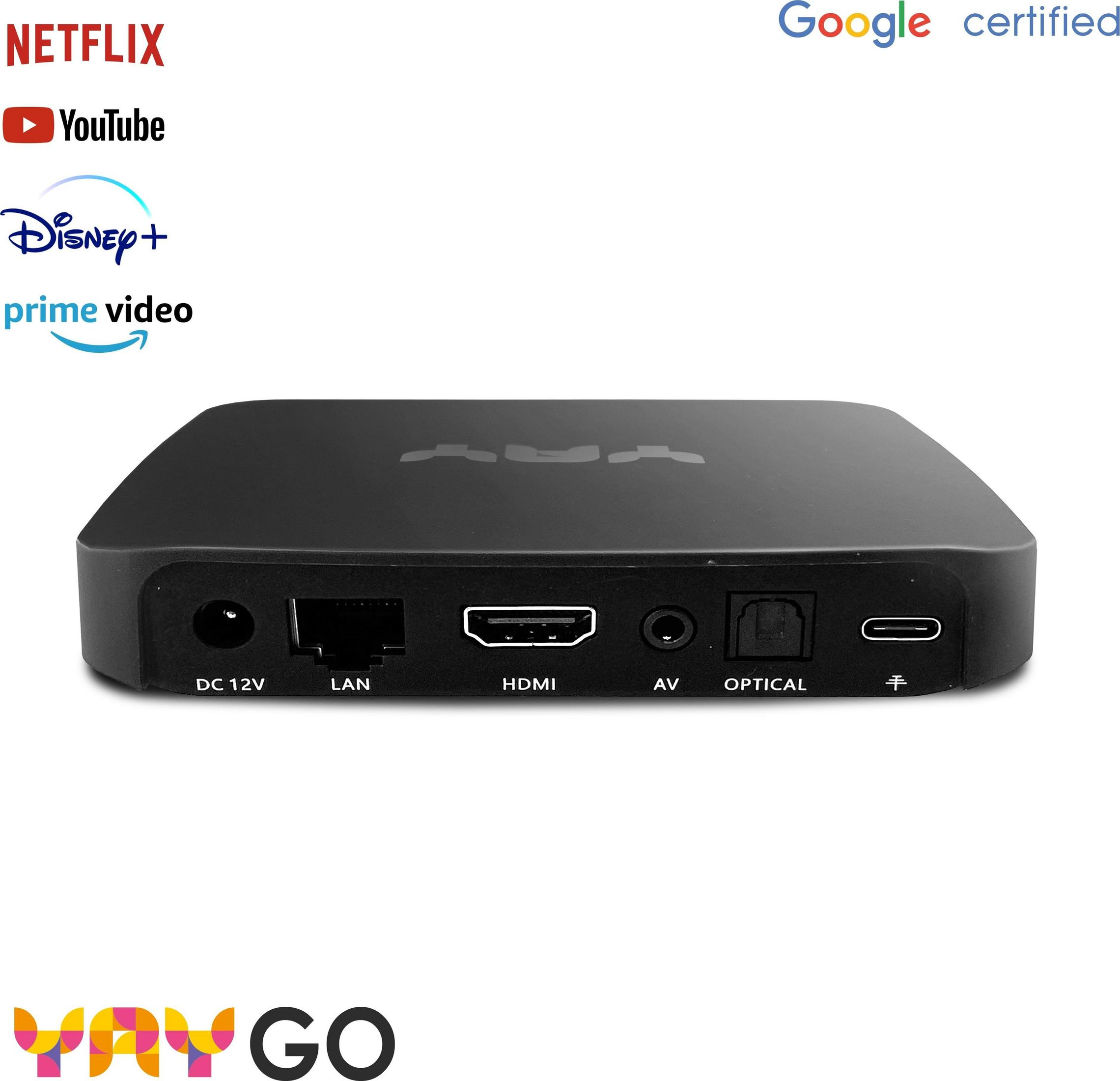 Schwarze Streaming-Box mit Anschlüssen: DC 12V, LAN, HDMI, AV, OPTICAL und USB.
