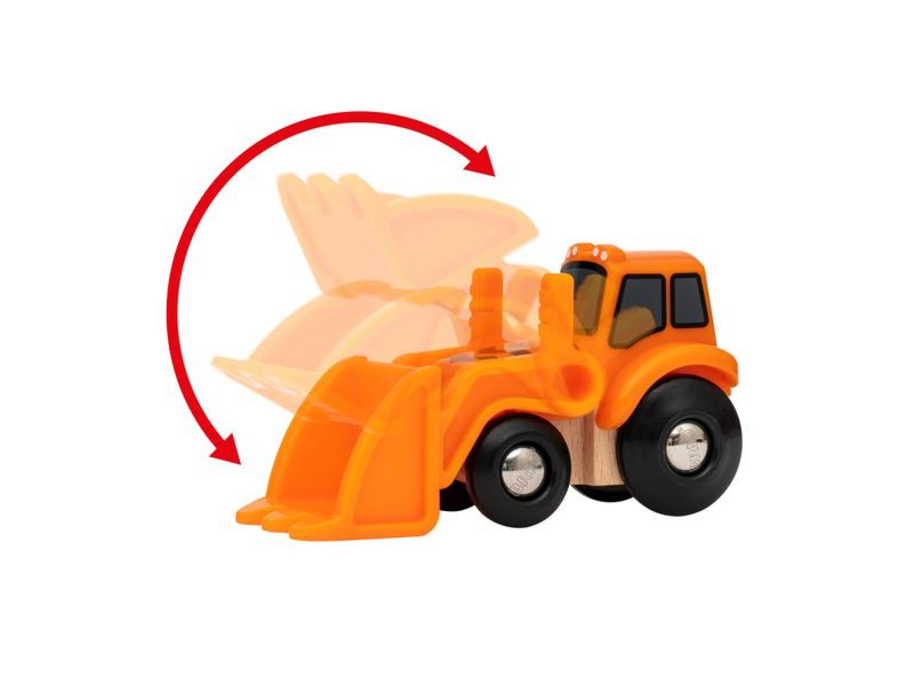 Pomarańczowy drewniany koparko-ładowarka z ruchomą łyżką i czerwonymi strzałkami.