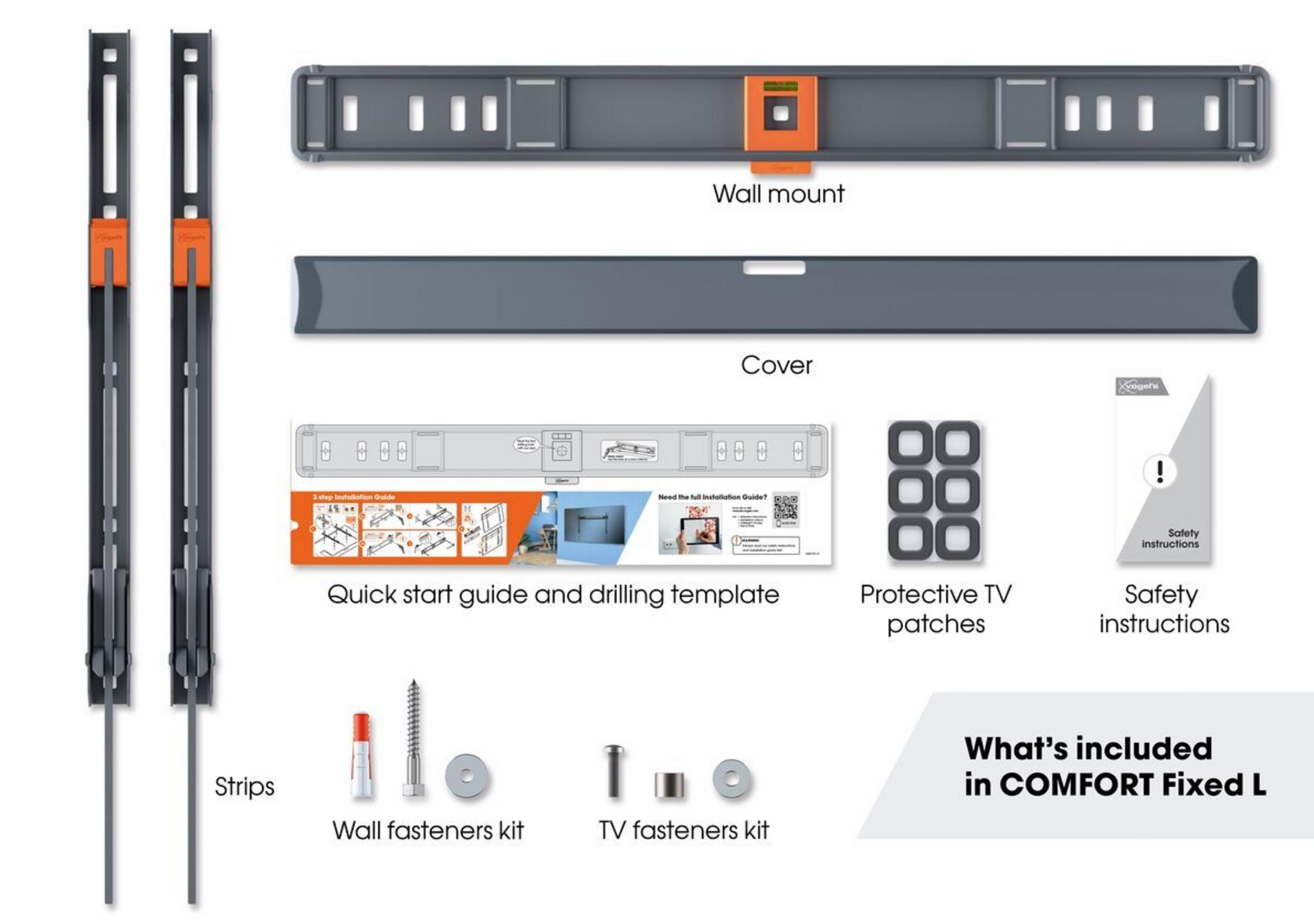 Uchwyt ścienny, osłona, paski, zestawy mocowań, instrukcja, podkładki.
