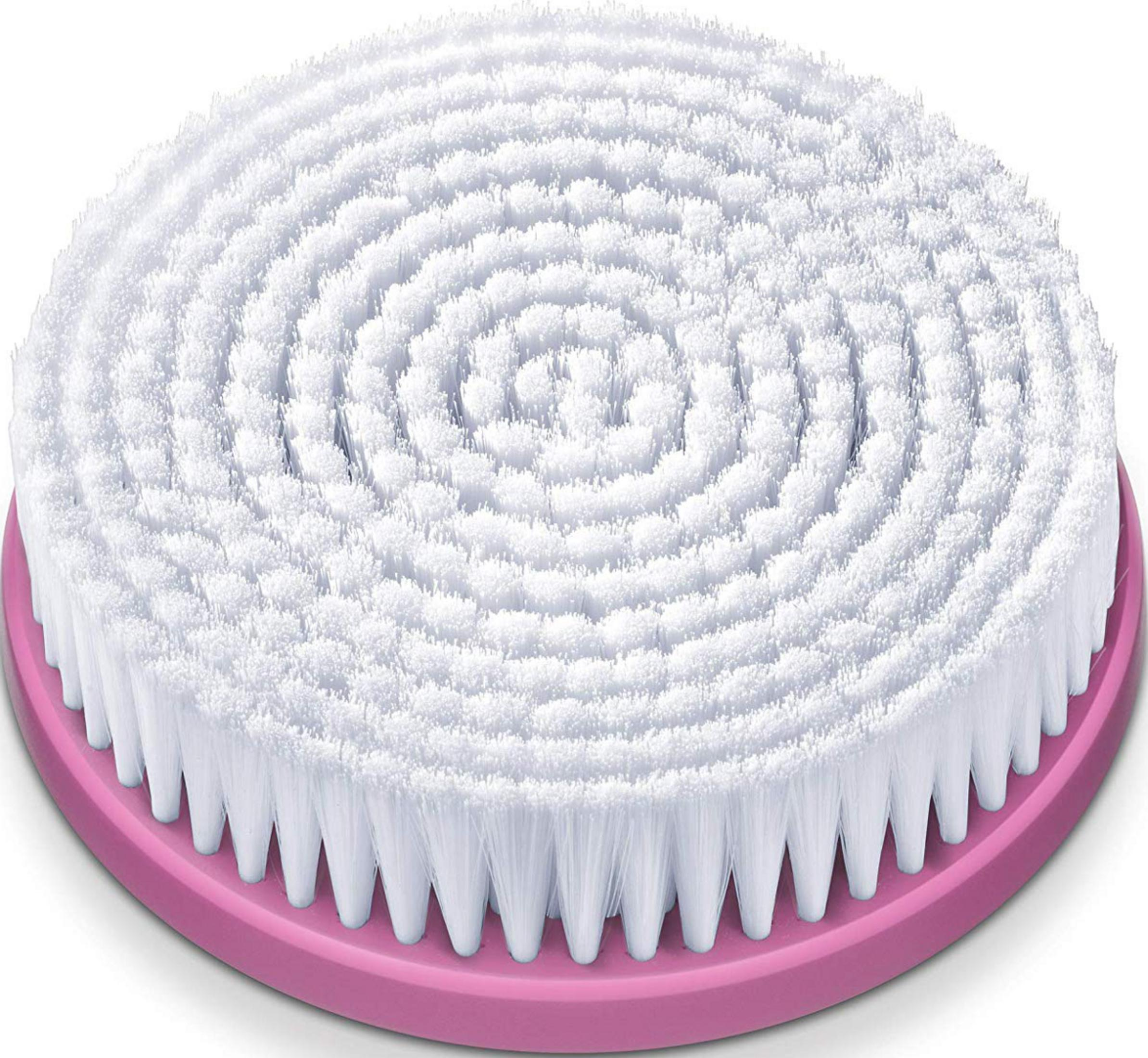Un cabezal de cepillo blanco con base rosa, dispuesto en espiral.