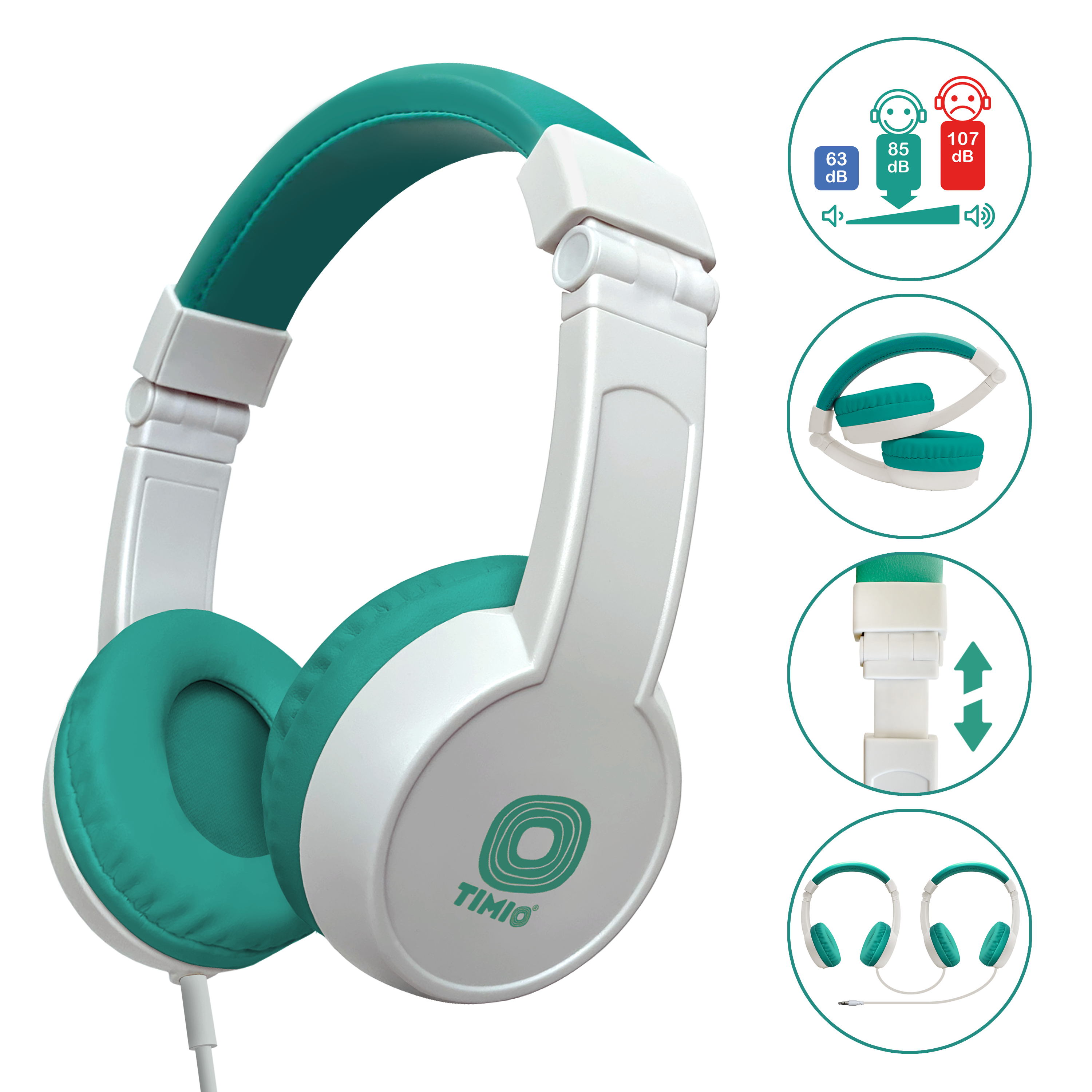 Casque blanc et turquoise avec échelle de volume et icônes d'avertissement.