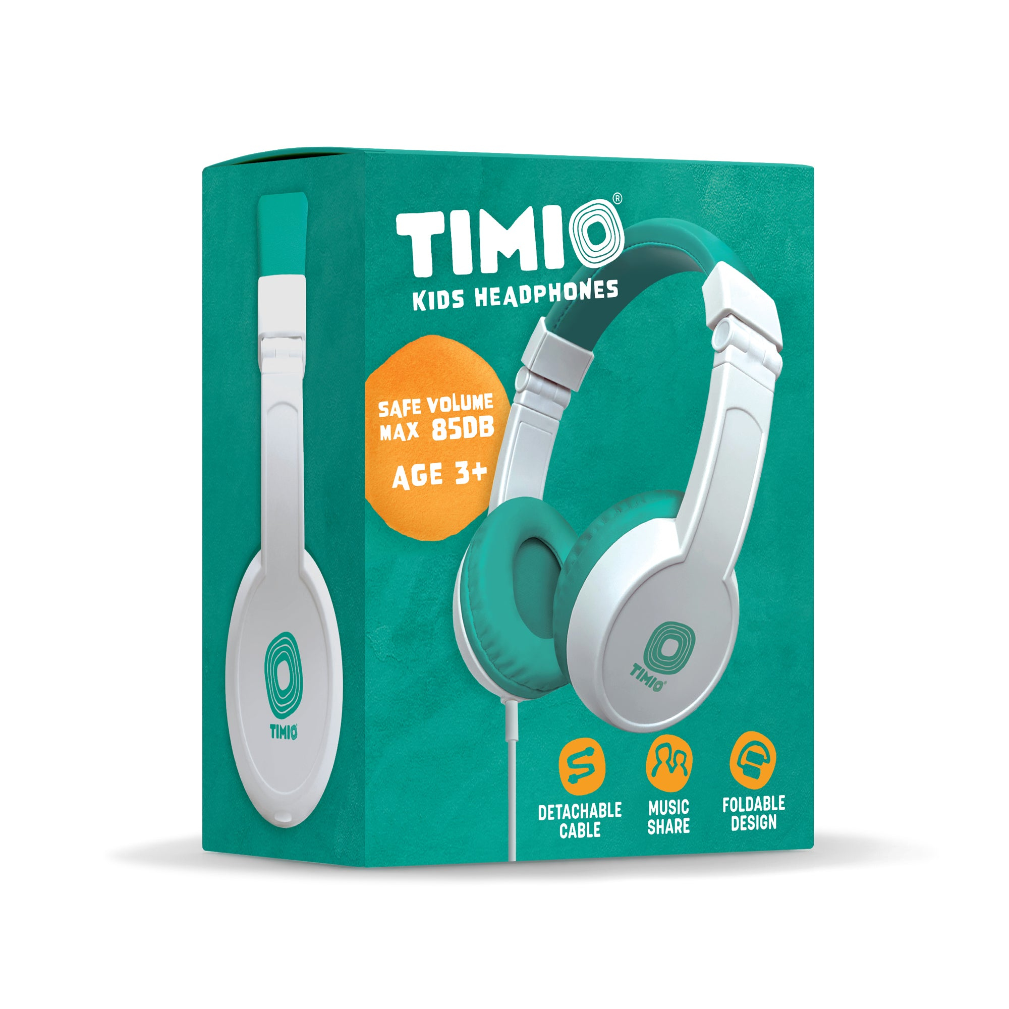 Boîte d'écouteurs Timio pour enfants, turquoise et blanc avec icônes.