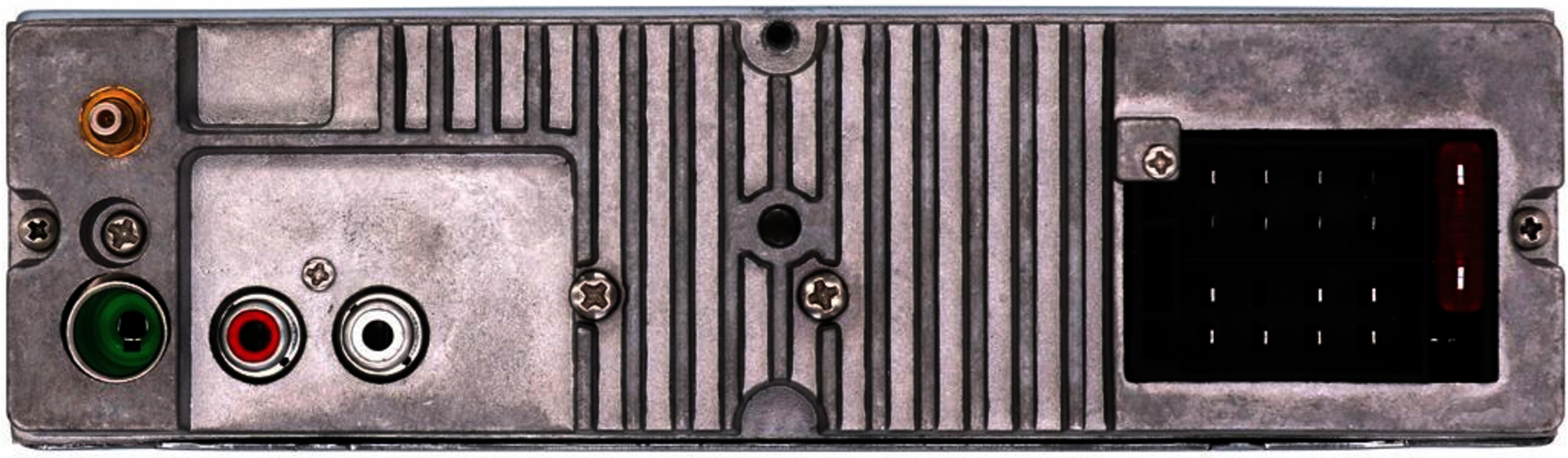 Retro di un autoradio con porte e alette di raffreddamento.