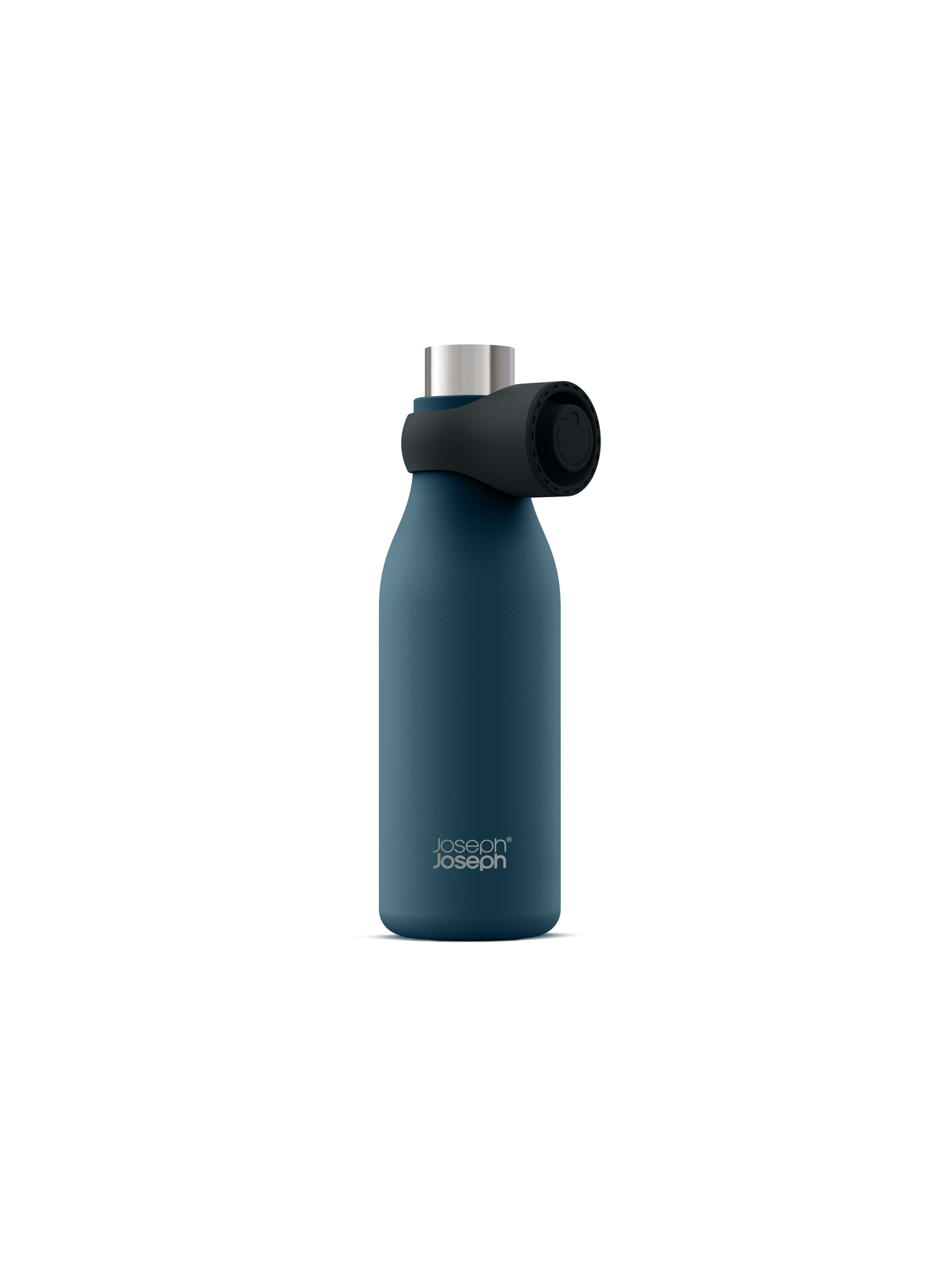 Eine marineblaue Joseph Joseph Wasserflasche mit schwarzem Griff und silbernem Deckel.