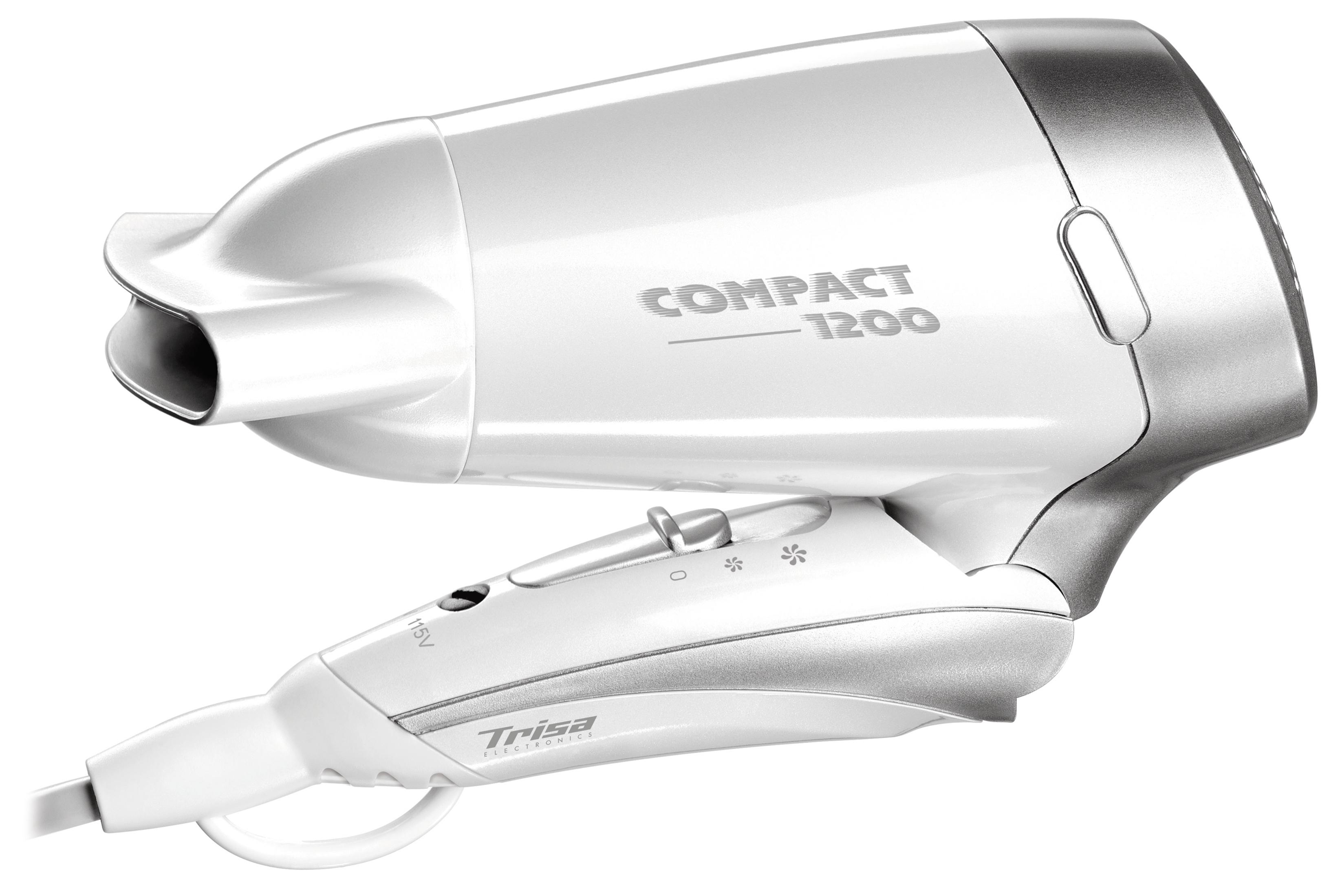 Ein weißer und silberner Haartrockner mit der Aufschrift "COMPACT 1200".