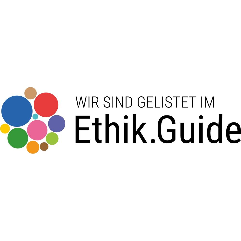 Logo avec des cercles colorés et le texte "WIR SIND GELISTET IM Ethik.Guide".