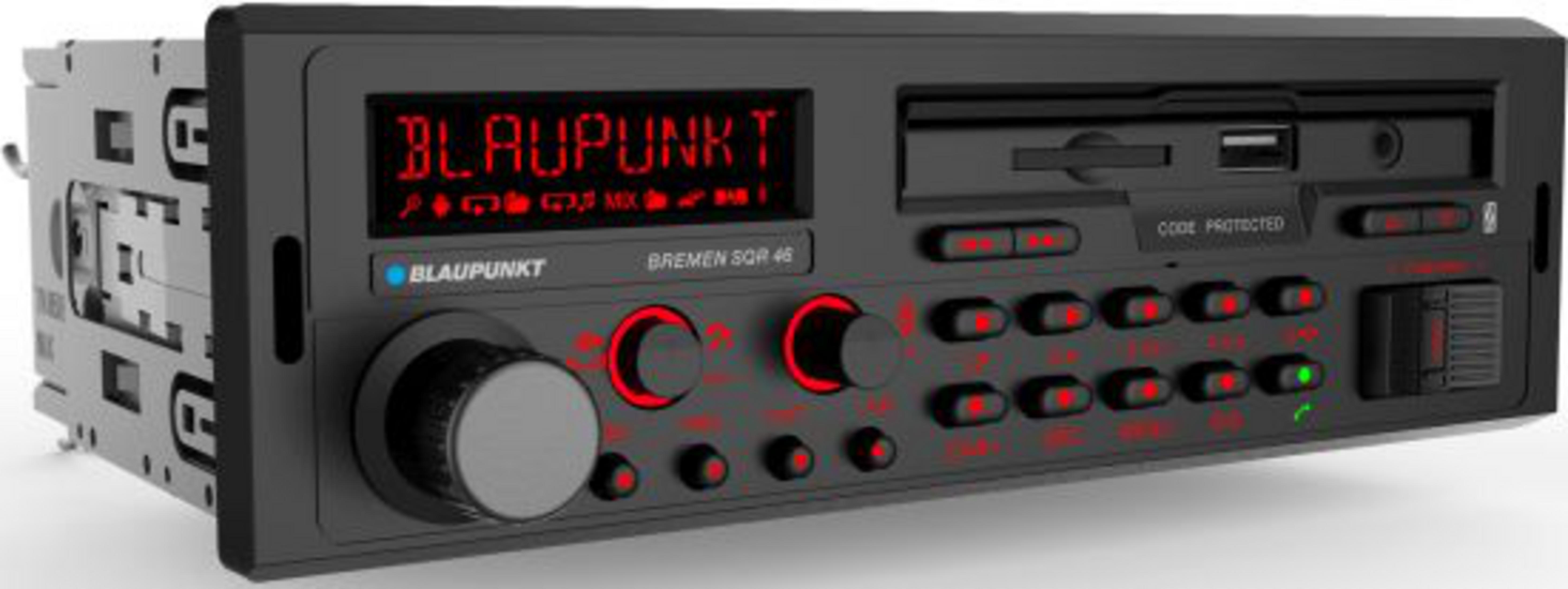 Ein schwarzes Autoradio mit rotem Display und Knöpfen.