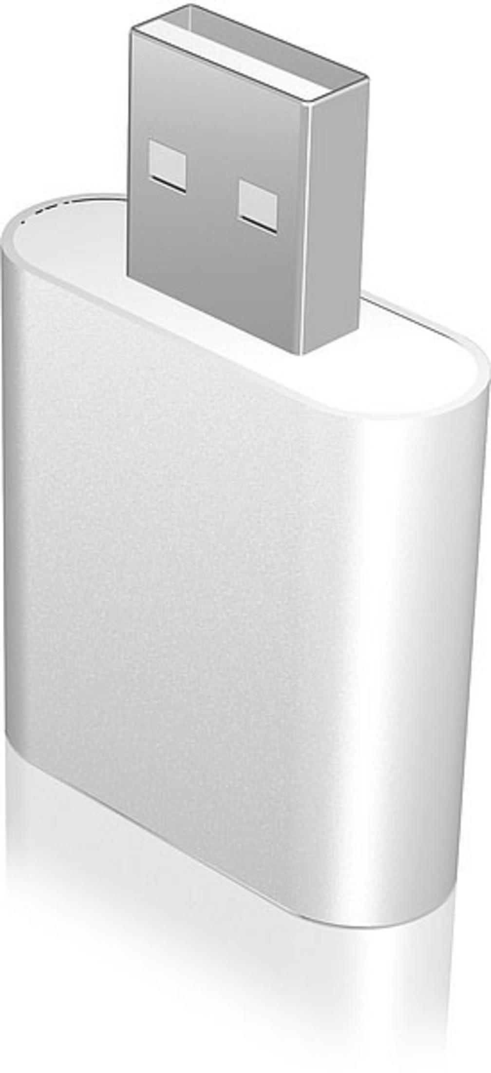 Ein weißer USB-Adapter mit einem silbernen Stecker.