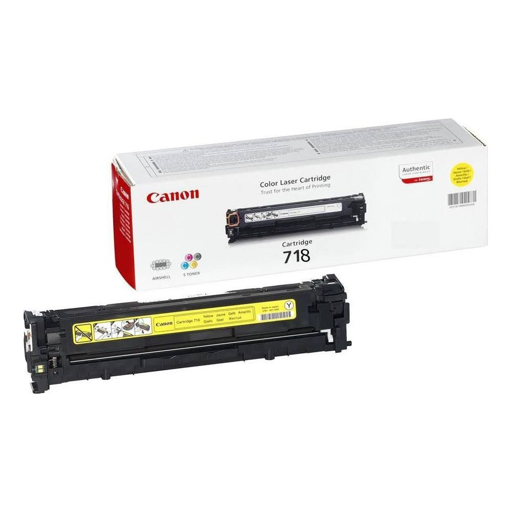A yellow Canon 718 toner cartridge and its box.