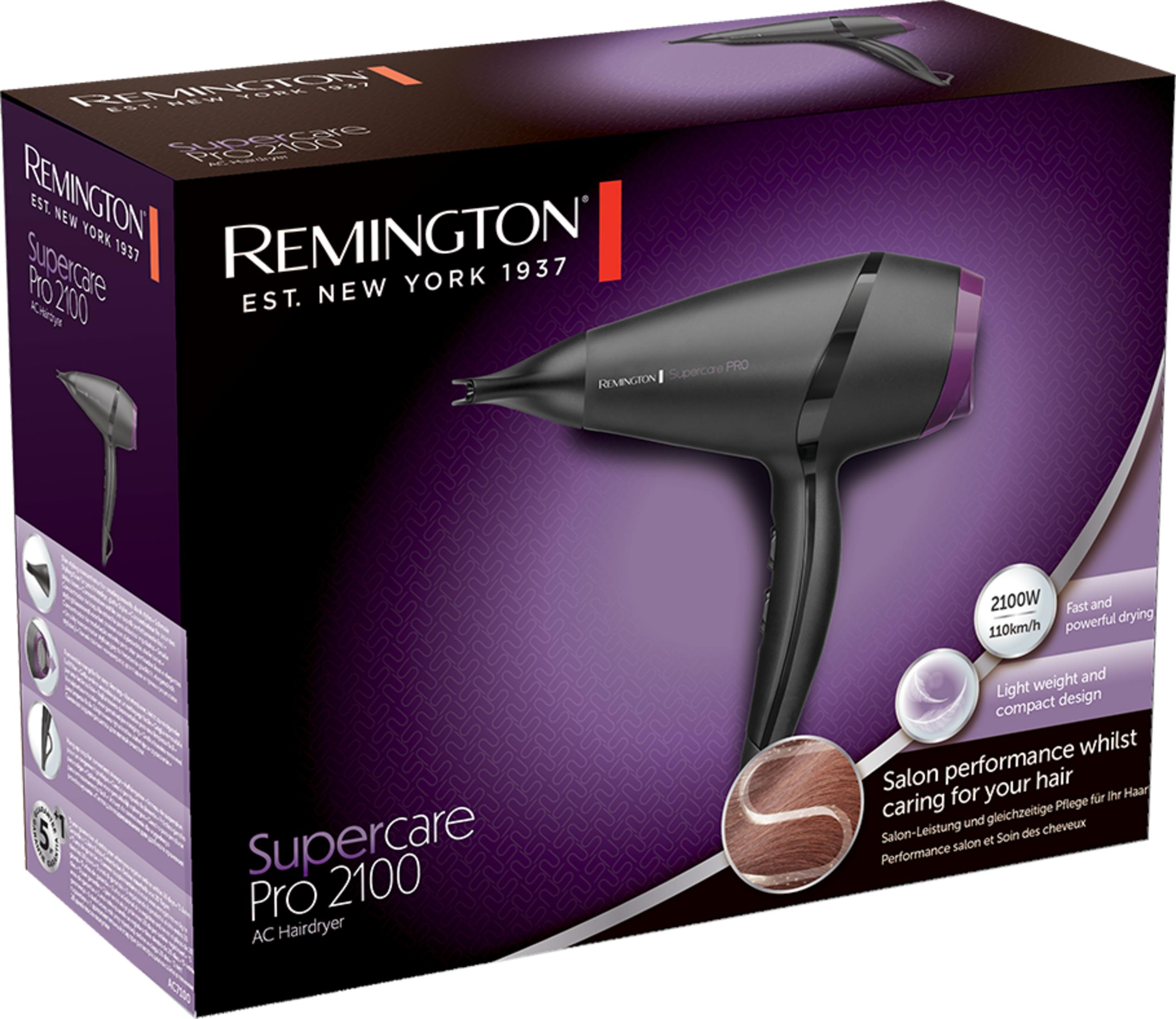 Mor vurgulu siyah Remington Supercare Pro 2100 saç kurutma makinesi kutusu.