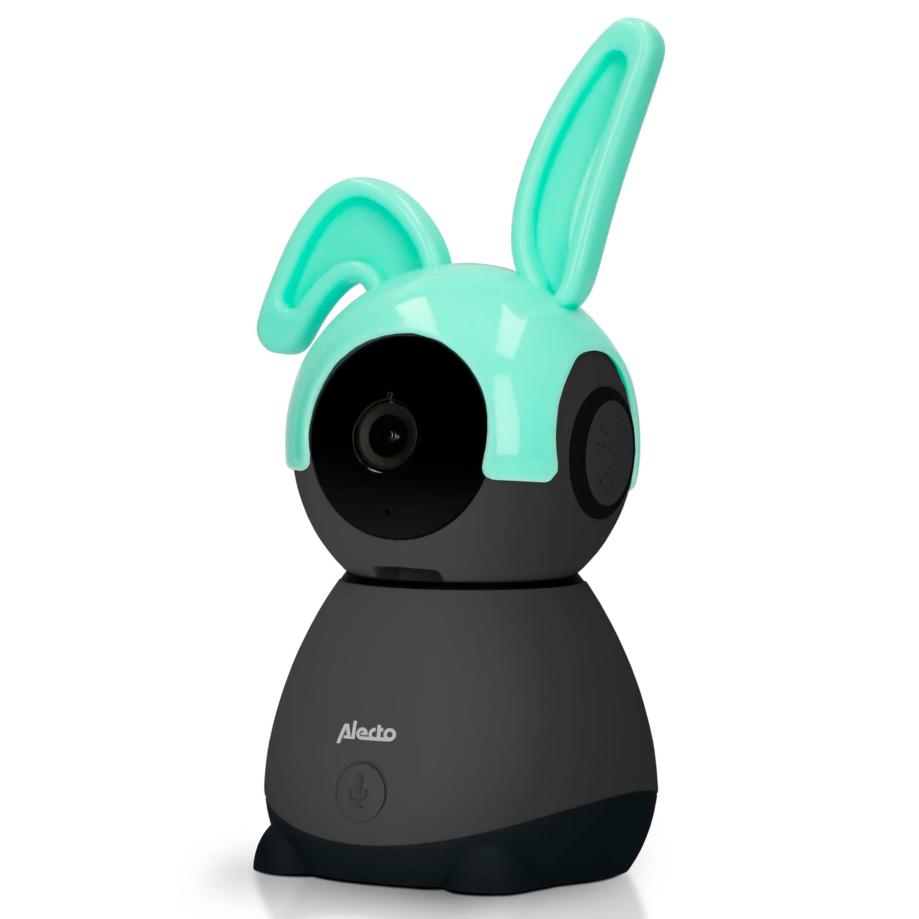 Un babyphone gris en forme de lapin, avec des oreilles turquoise et une caméra.