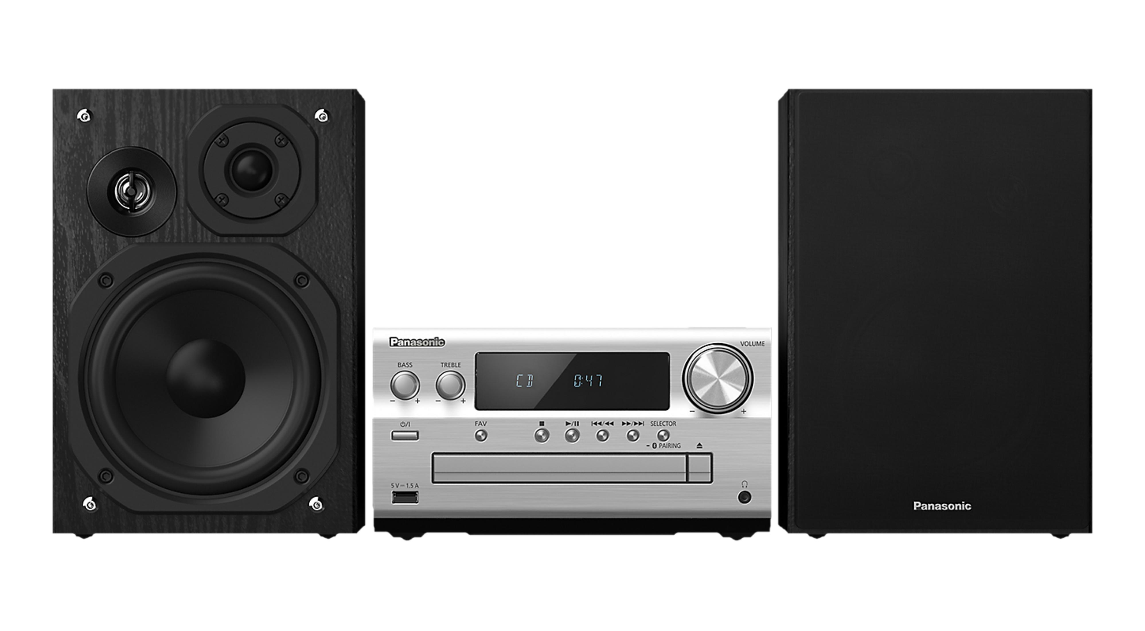 Un lecteur CD Panasonic avec deux haut-parleurs noirs et des commandes argentées.