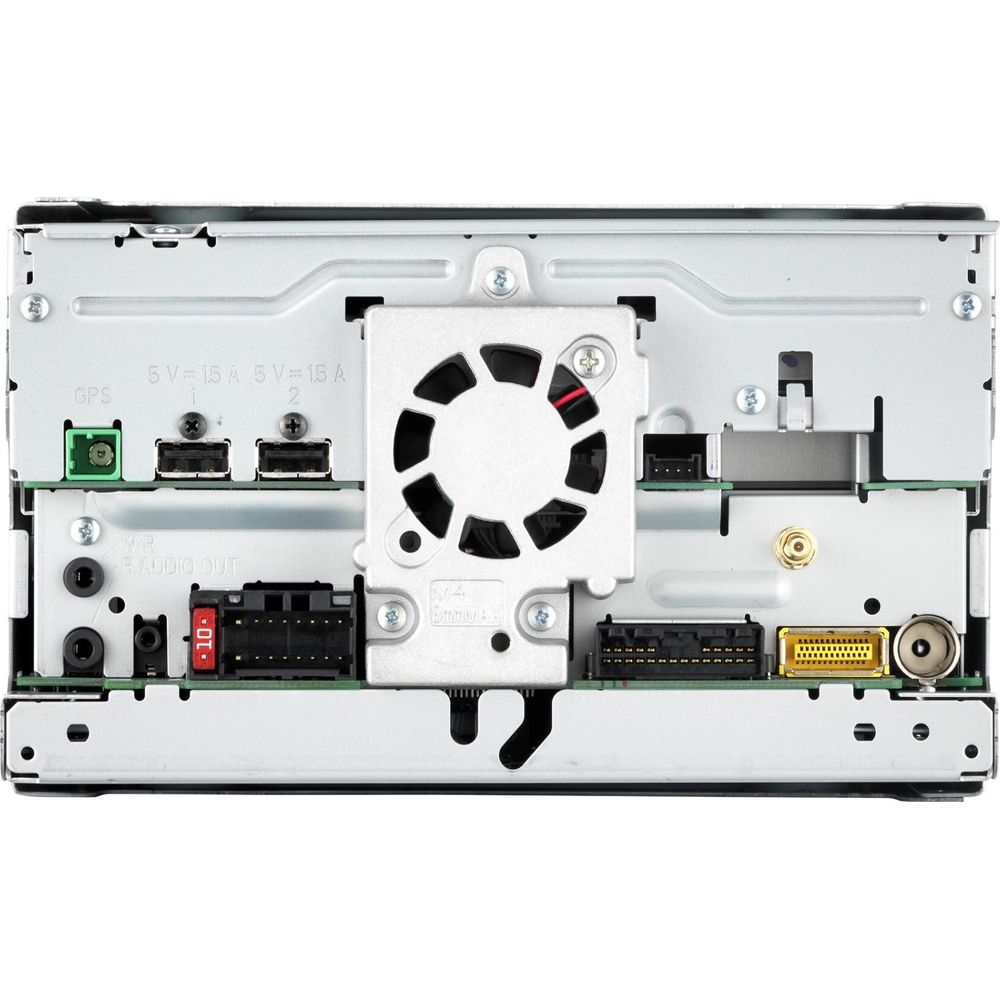 Vue arrière d'une autoradio montrant ventilateur, ports et étiquettes GPS et Sortie Audio.