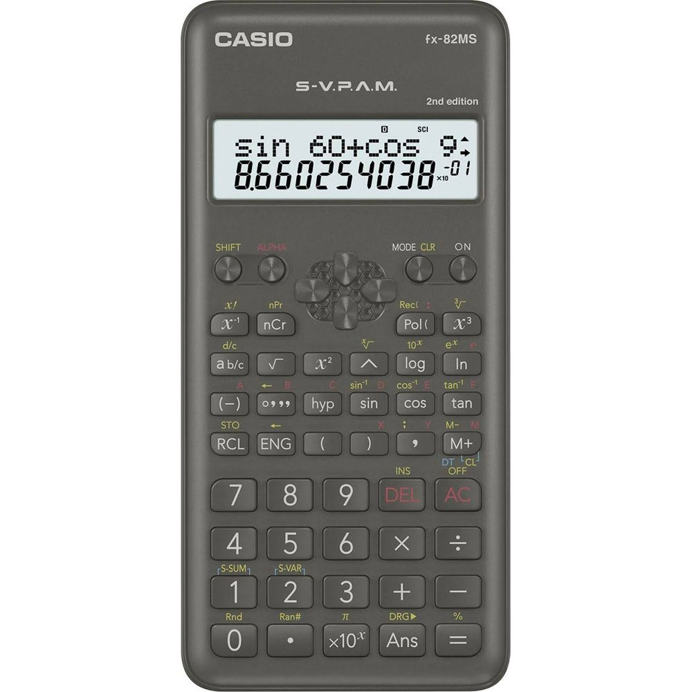 Szary kalkulator naukowy Casio z wyświetlaczem pokazującym równanie matematyczne.