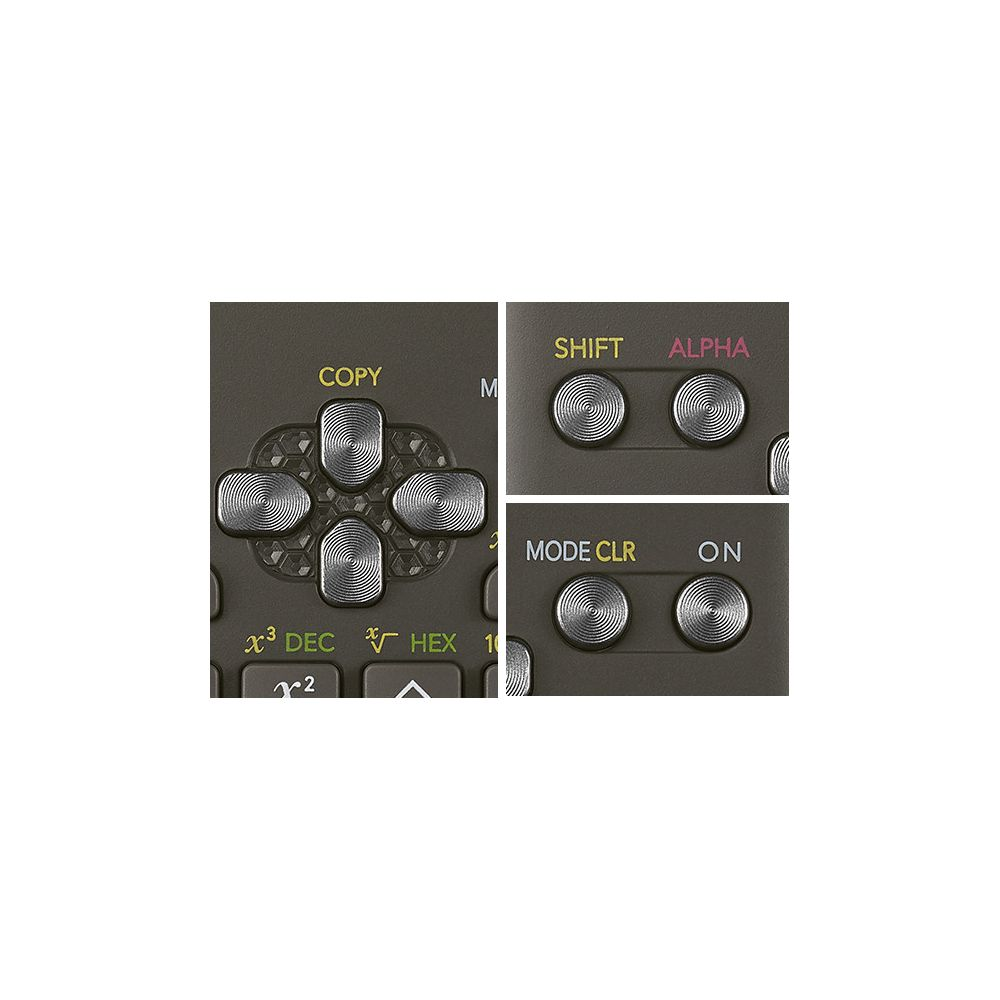 Przyciski kalkulatora: krzyżak, COPY, SHIFT, ALPHA, MODE CLR, ON.