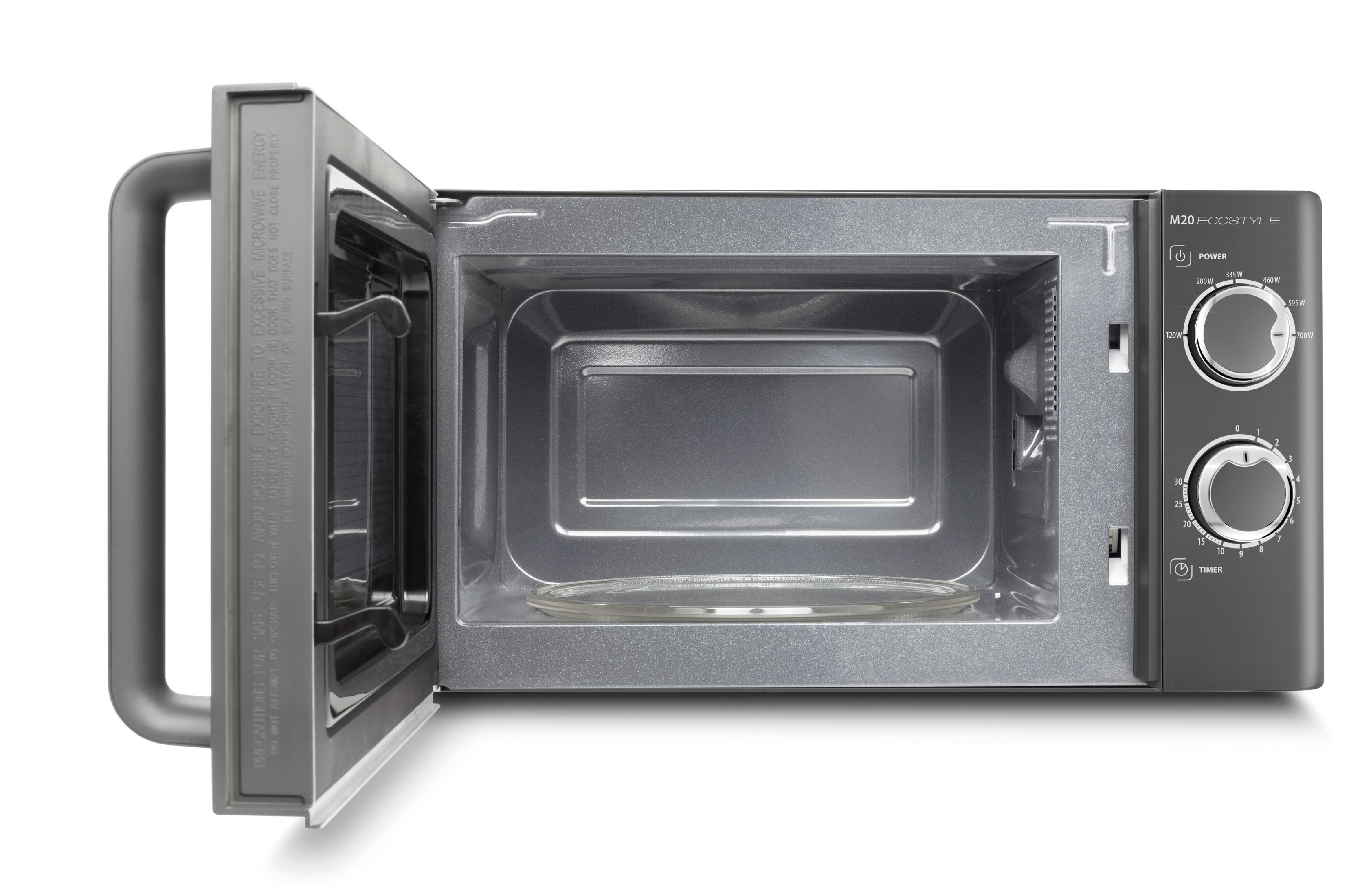 Un forno a microonde M20 Ecocstyle grigio aperto con manopole.