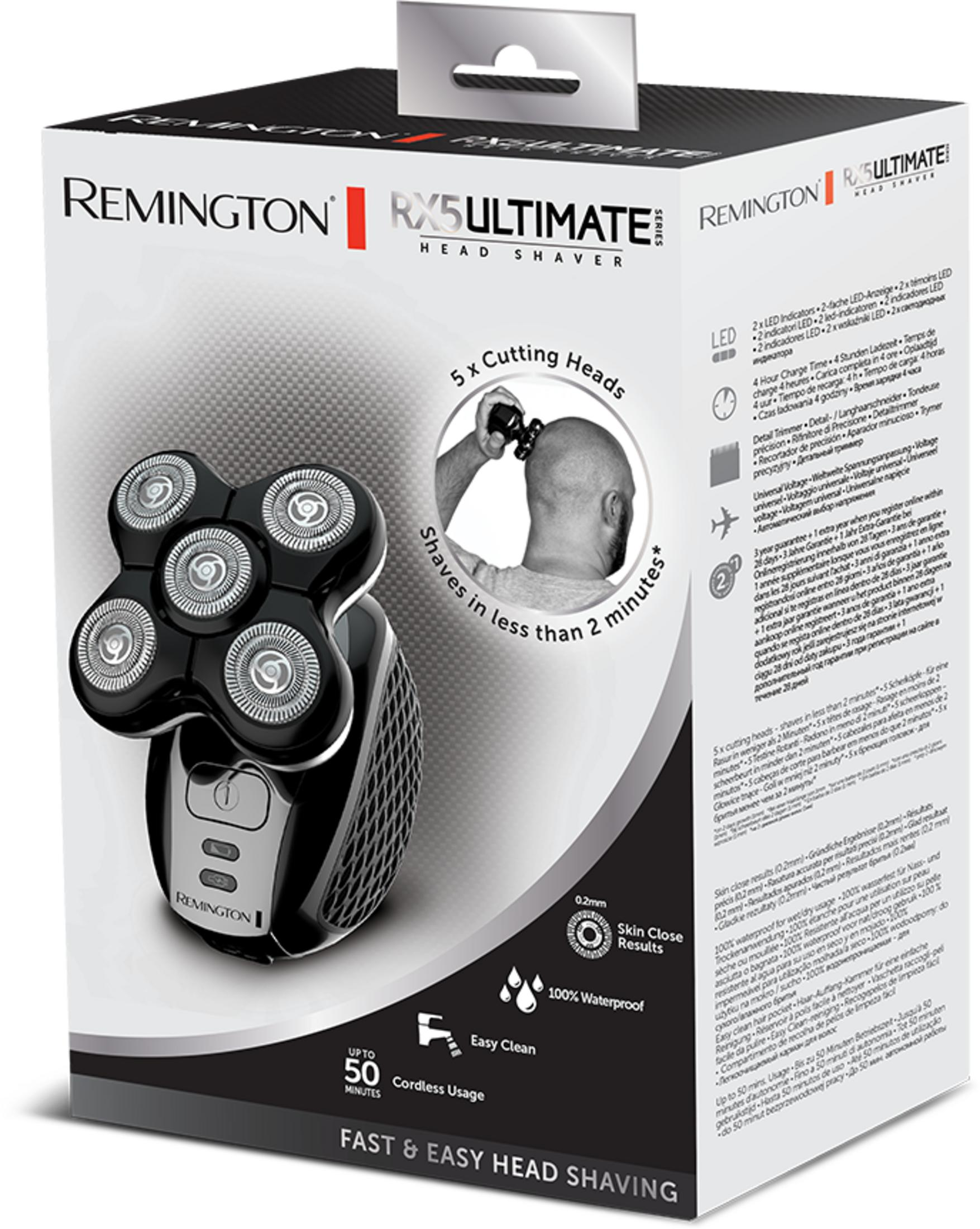 Remington RX5 Ultimate: Electric head shaver with 5 cutting heads, 100% waterproof.