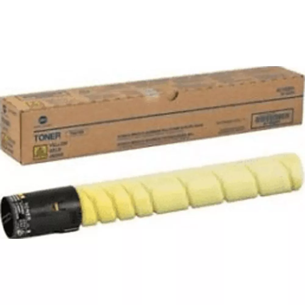 Un cilindro toner giallo con estremità nera e una scatola di cartone accanto.