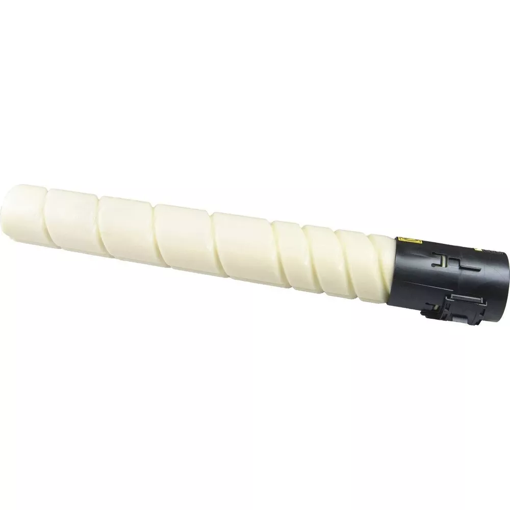 Un cilindro toner bianco con estremità nera ed etichetta gialla.