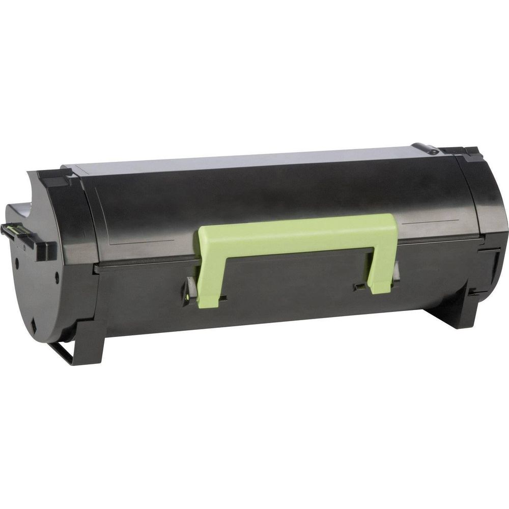 Zwarte printer cartridge met lichtgroene handgreep, geïsoleerd op wit.