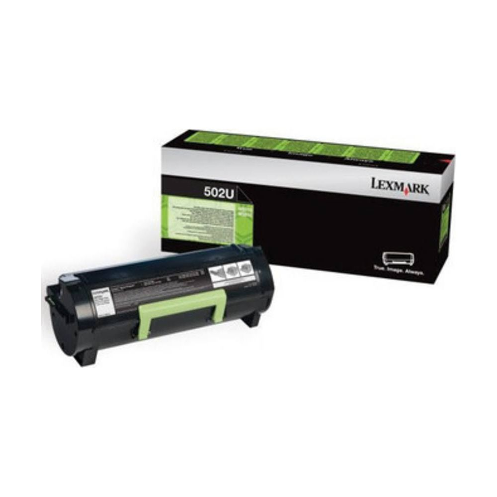 Lexmark 502U toner cartridge, zwart, met groene handgreep en doos.