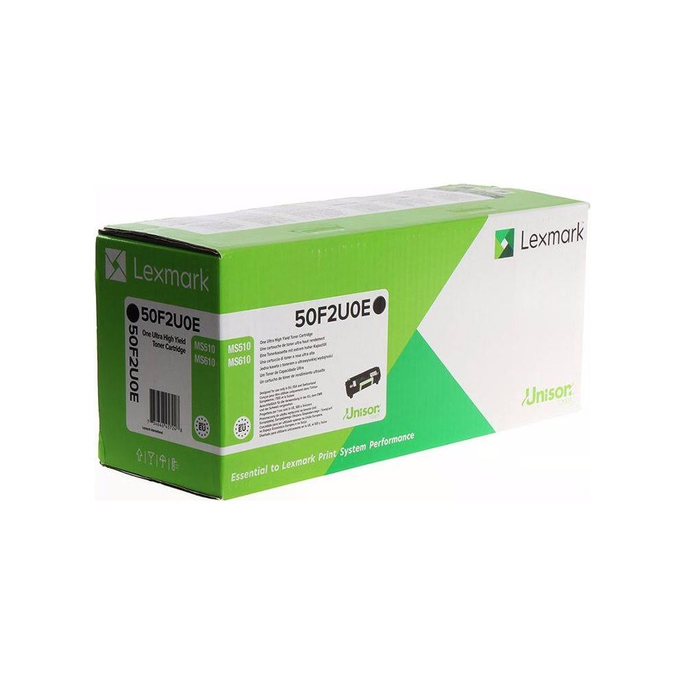 Lexmark 50F2U0E tonercartridge verpakking met groen design en info.