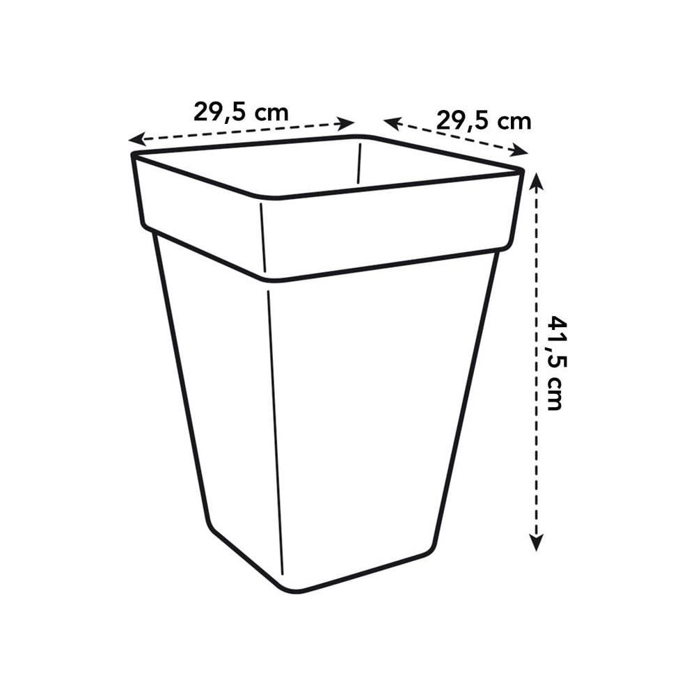 Prostokątna doniczka o szerokości 29,5 cm i wysokości 41,5 cm.