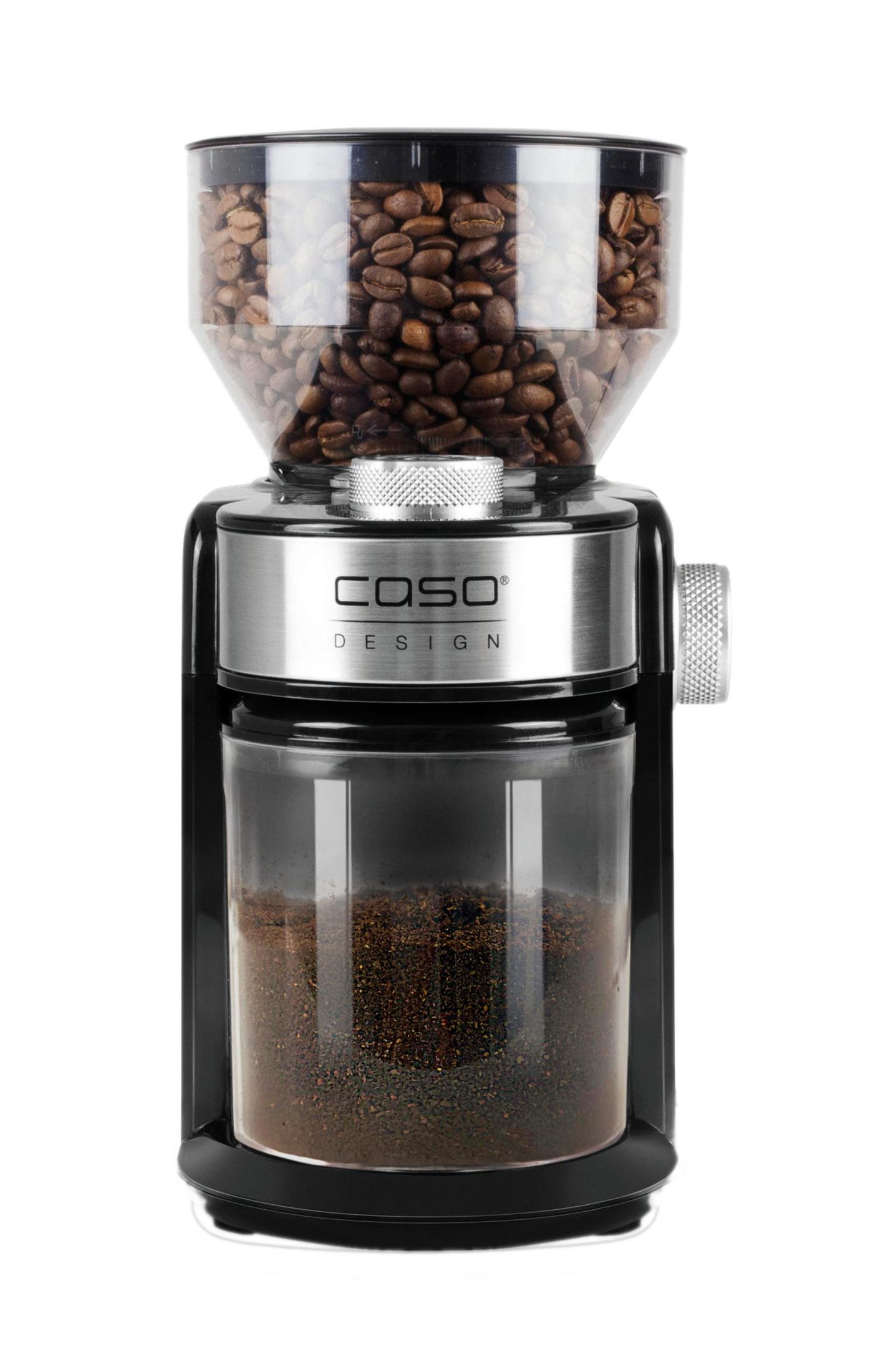 Un moulin à café électrique avec réservoir de grains et café moulu.