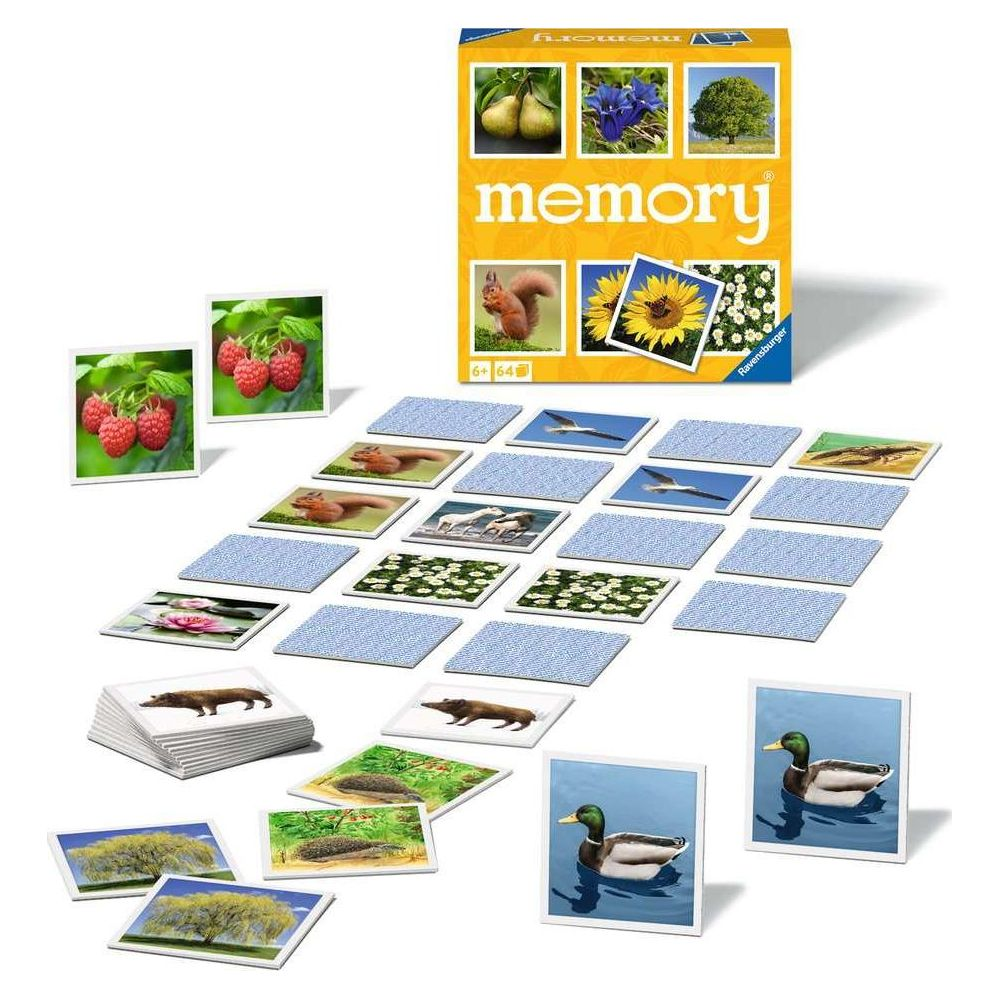 Gioco di carte Memory con immagini di bacche, animali, piante e anatre.