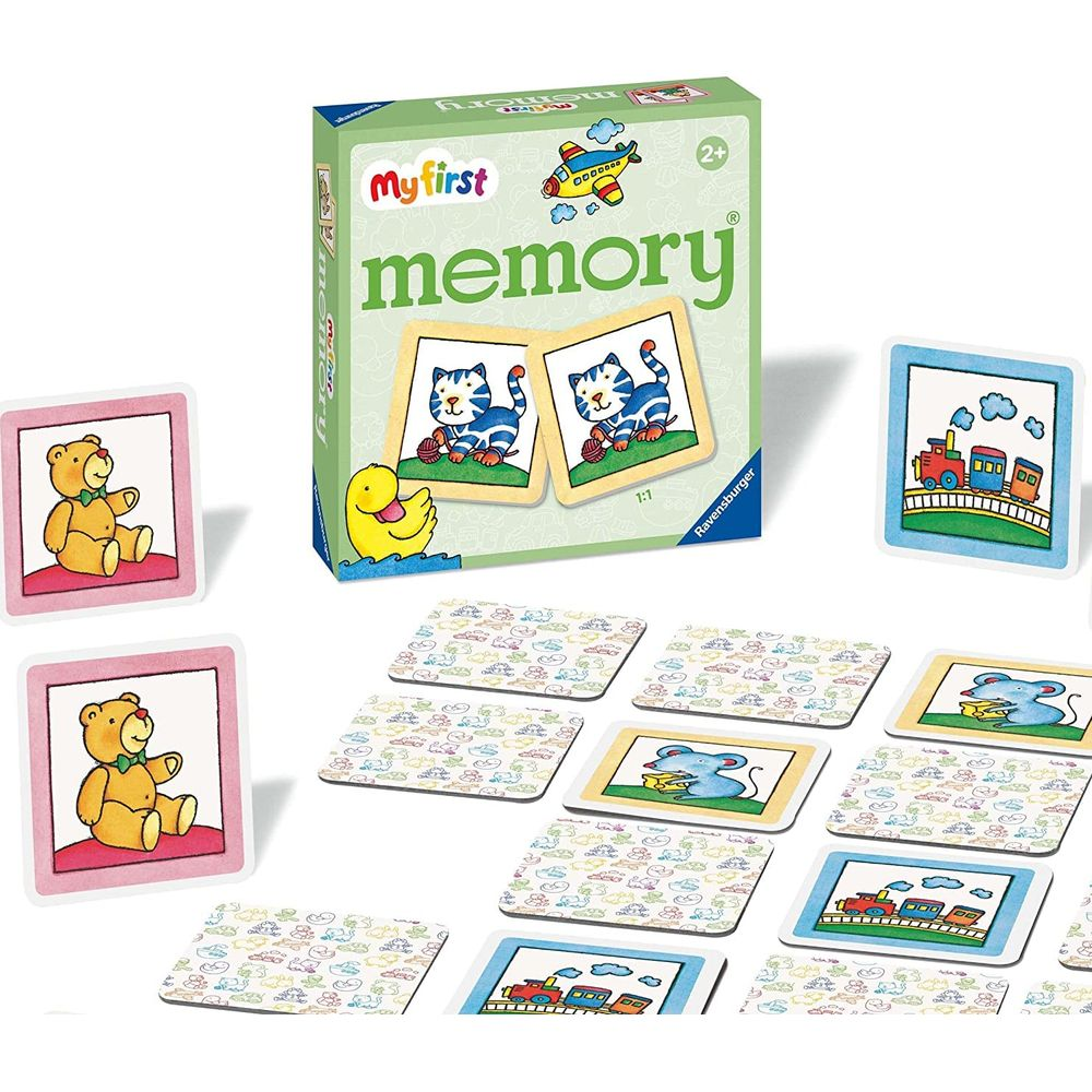 Ein "My First Memory" Spiel mit Karten von Bären, Mäusen, Zügen und Katzen.