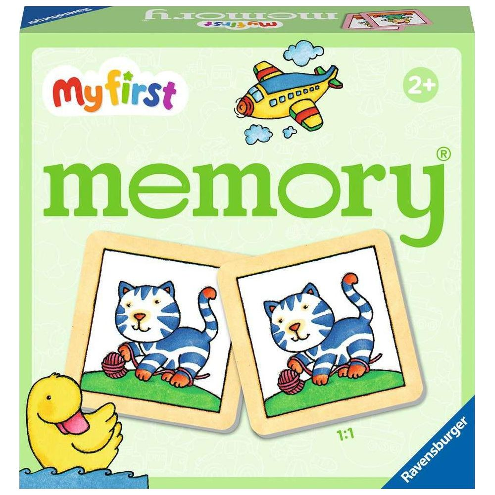 Memory Spielbox mit Katzen und Flugzeug-Illustrationen, für Kinder ab 2 Jahren.