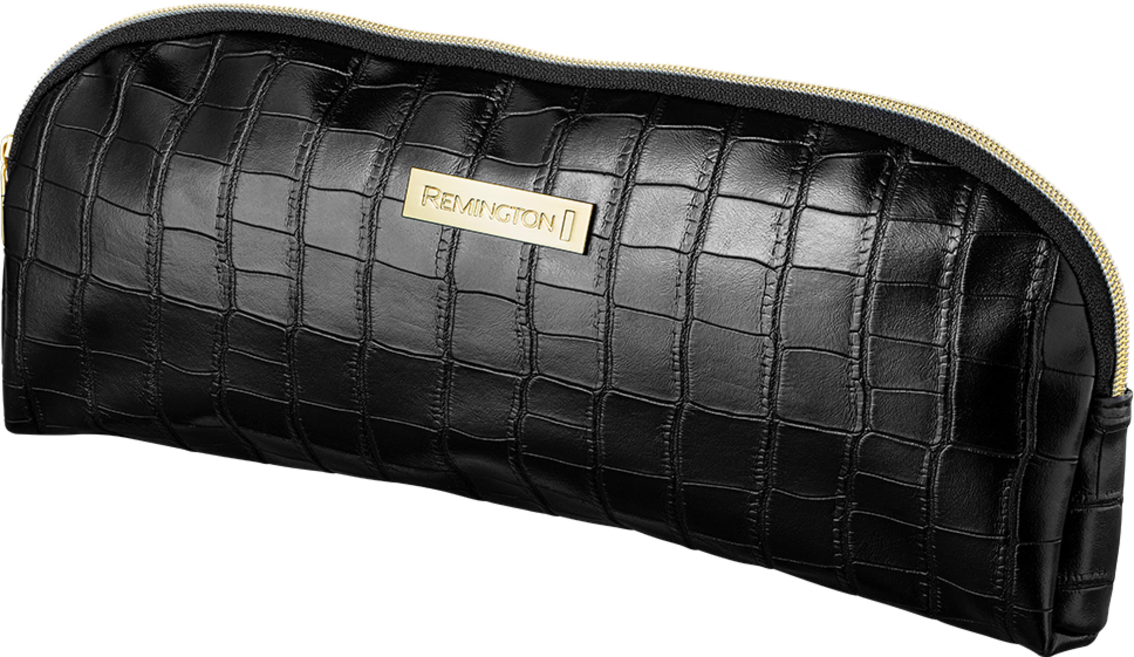 Schwarze Kosmetiktasche mit Kroko-Prägung und goldenem Reißverschluss.