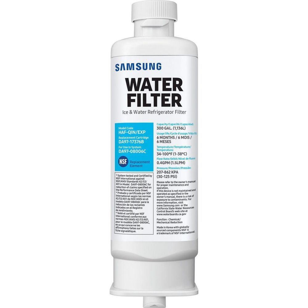 Samsung Wasserfilter für Kühlschränke, Modell HAF-QIN/EXP, weiß mit schwarzem Text.