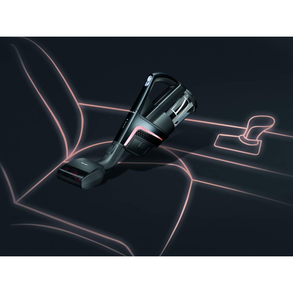 Czarny odkurzacz ręczny ze wskaźnikami ładowania na ciemnym tle.