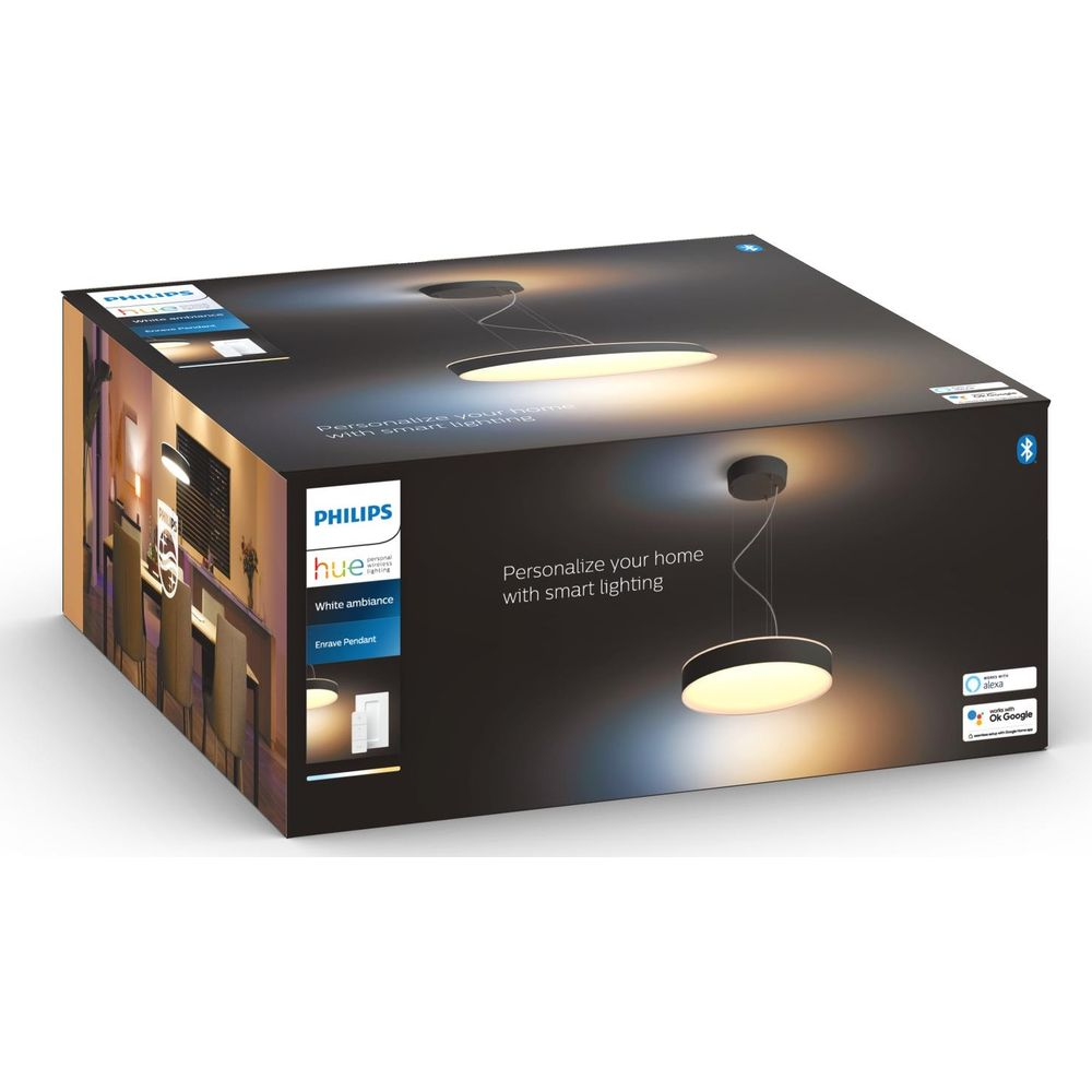 Pudełko inteligentnej lampy wiszącej Philips Hue Enrave, z obrazem lampy wiszącej.