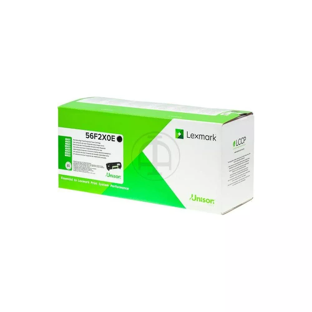Een groene Lexmark tonercartridge doos met modelnaam 56F2X0E.