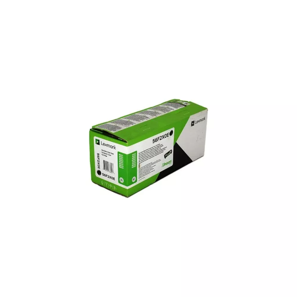 Een Lexmark 56F2X0E tonerkarton met groene bovenkant en witte zijkant.