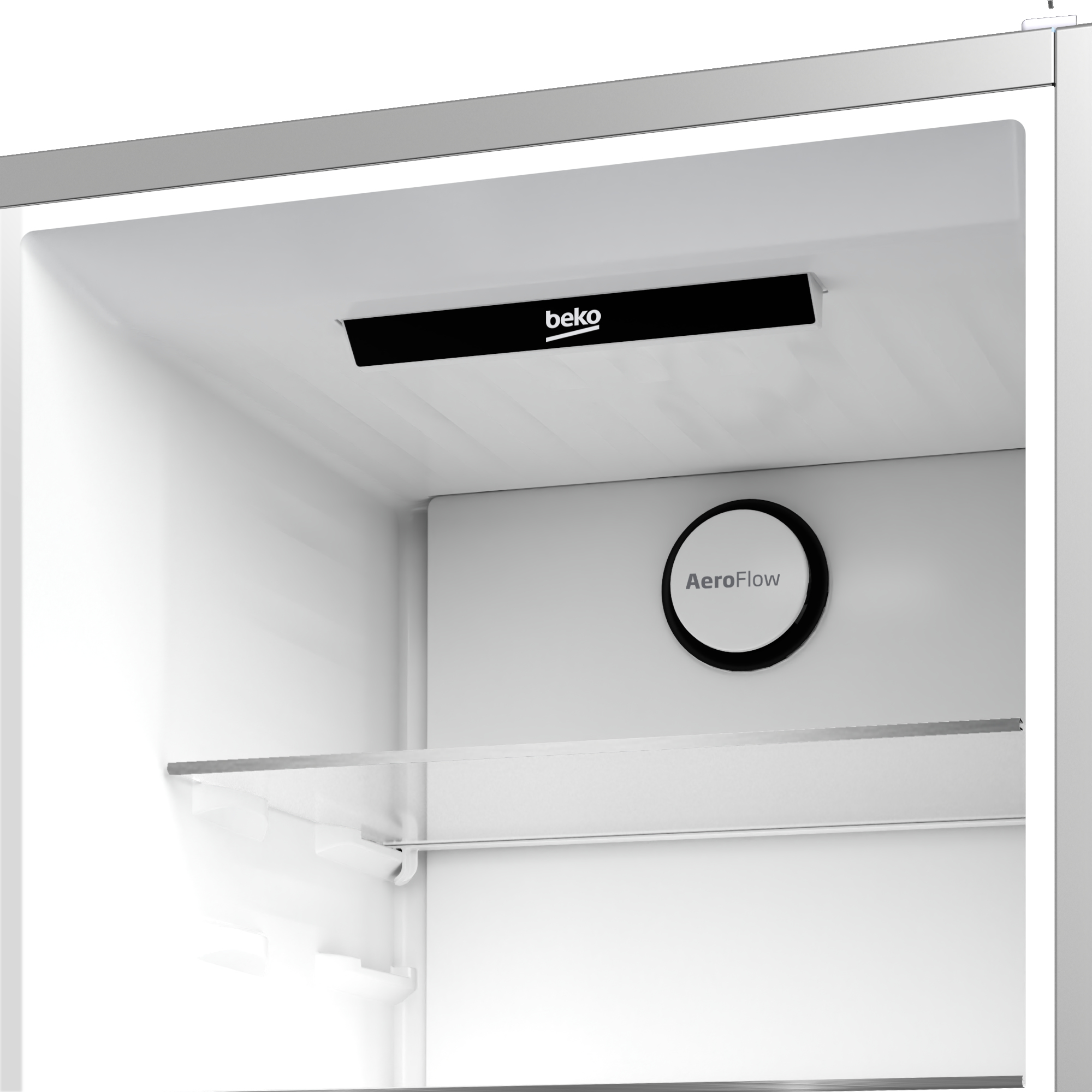 Interno di un frigorifero con logo Beko e circolazione d'aria AeroFlow.