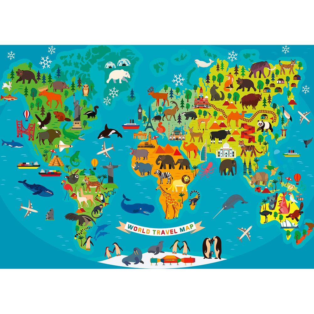 Mapa świata z wieloma zwierzętami i zabytkami.