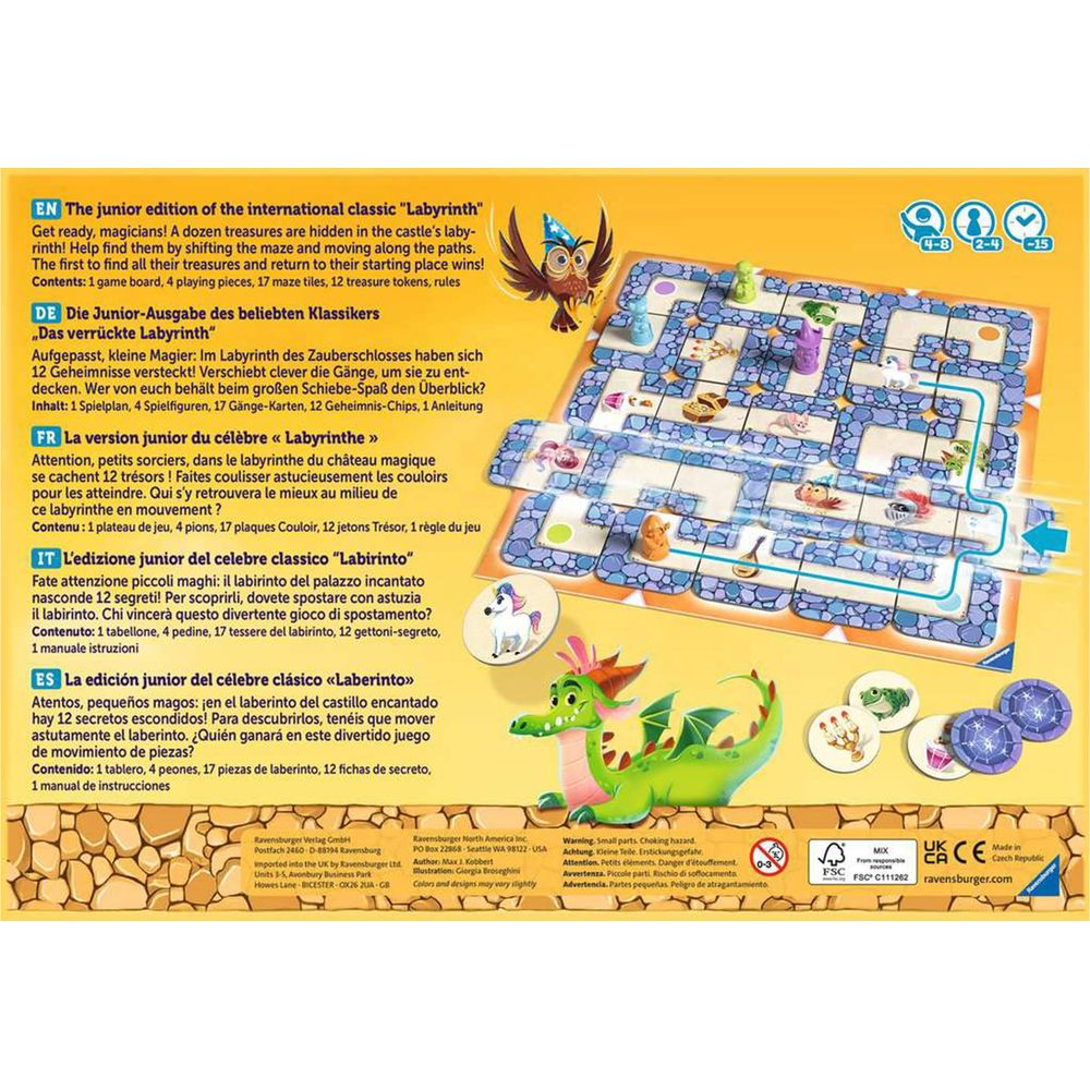 Ravensburger Labyrinth Spiel mit Drachen, Eulen und magischen Wegen.