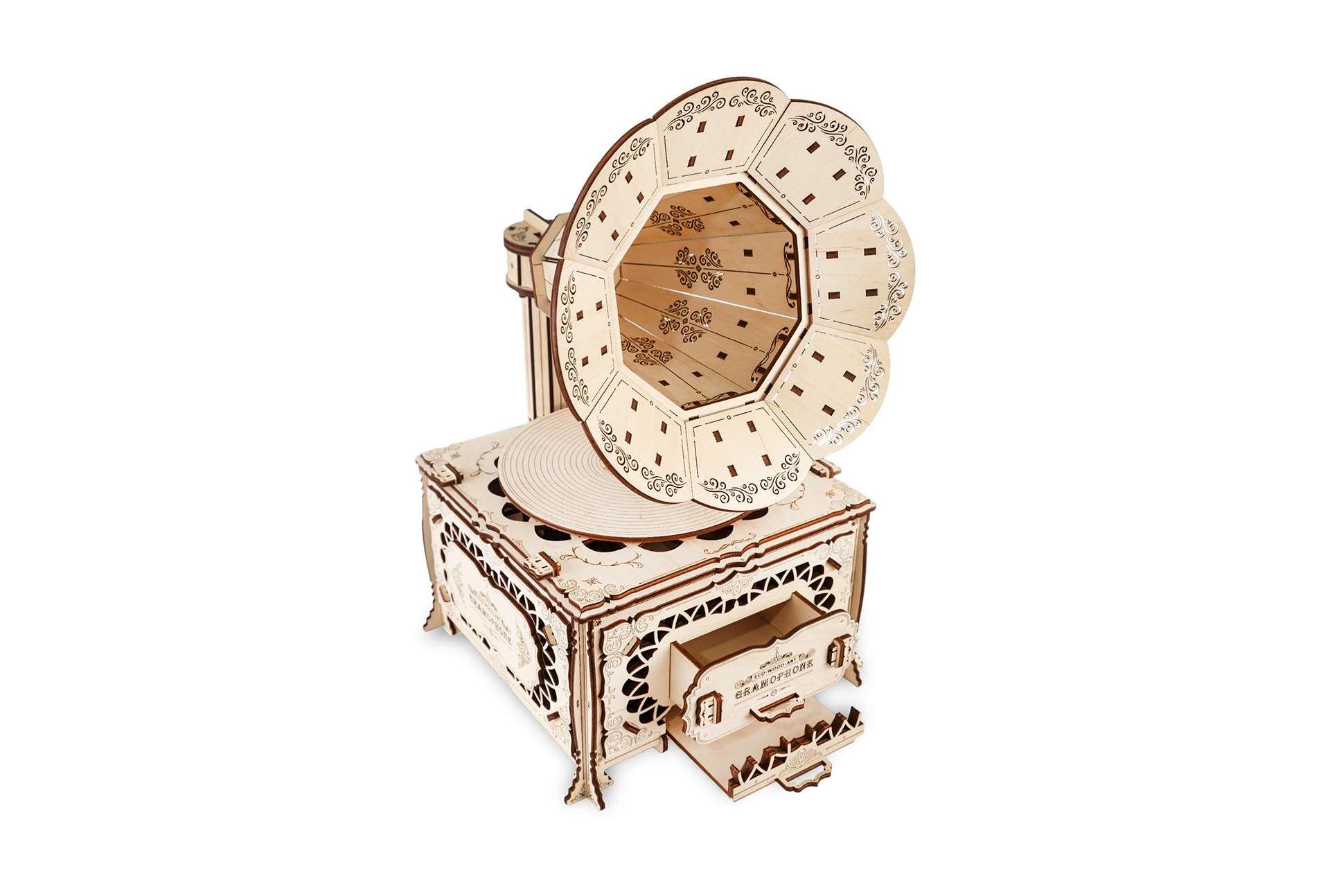 Ein Holzmodell eines Grammophons mit detaillierten Schnitzereien und einer Schublade.