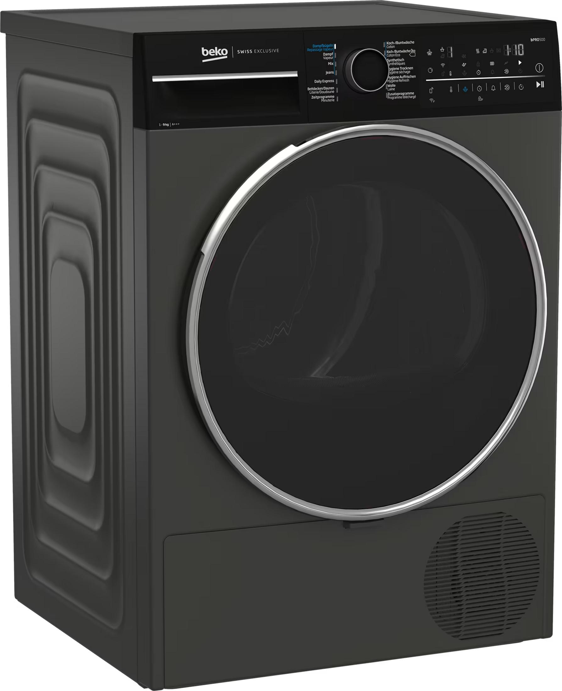Une machine à laver Beko foncée avec un contour argenté autour de sa porte ronde.